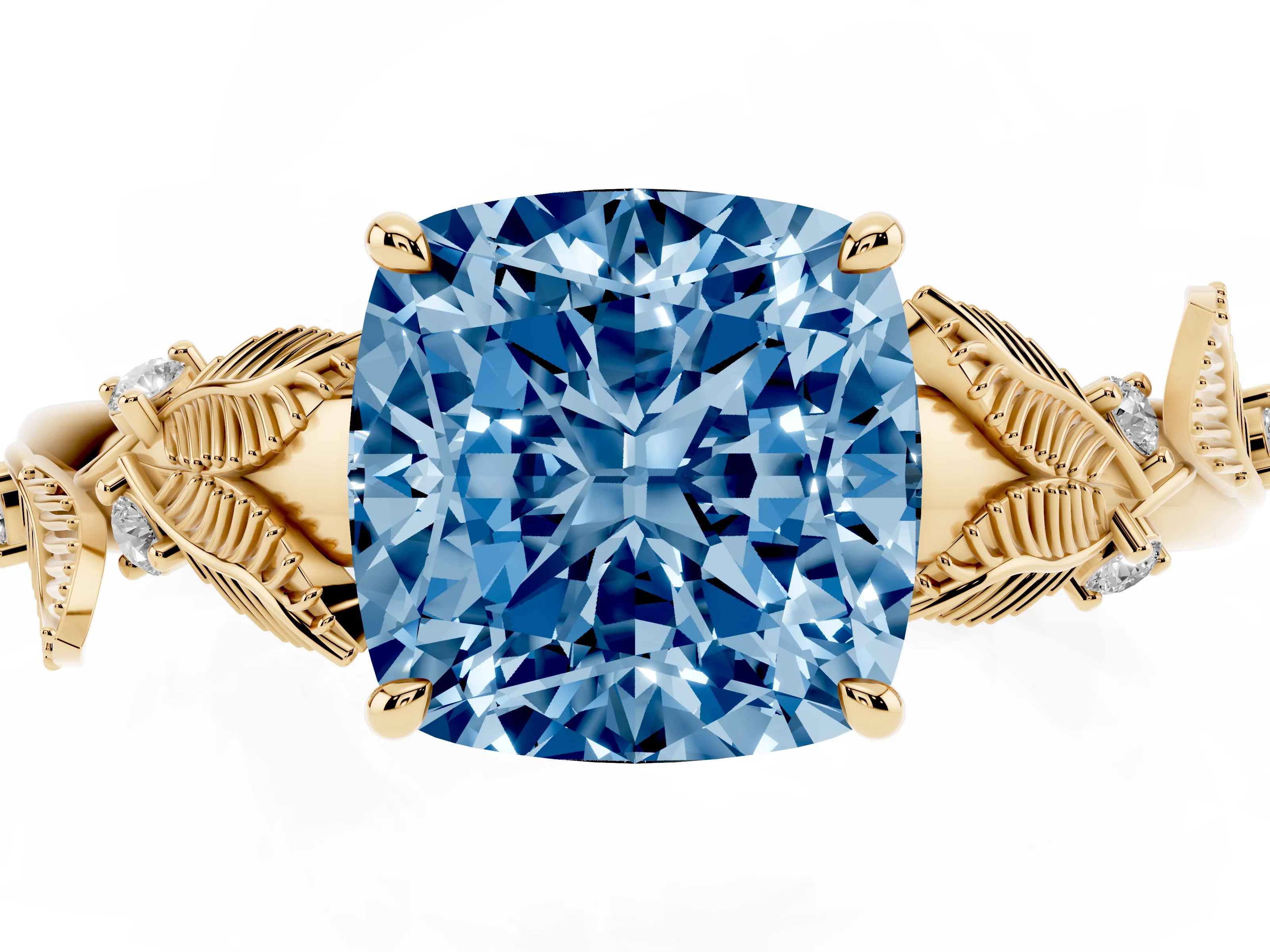 Fancy Blue Cushion Cut Diamond Solitaire Ring Set in Yellow gold with Leaf Motif Band