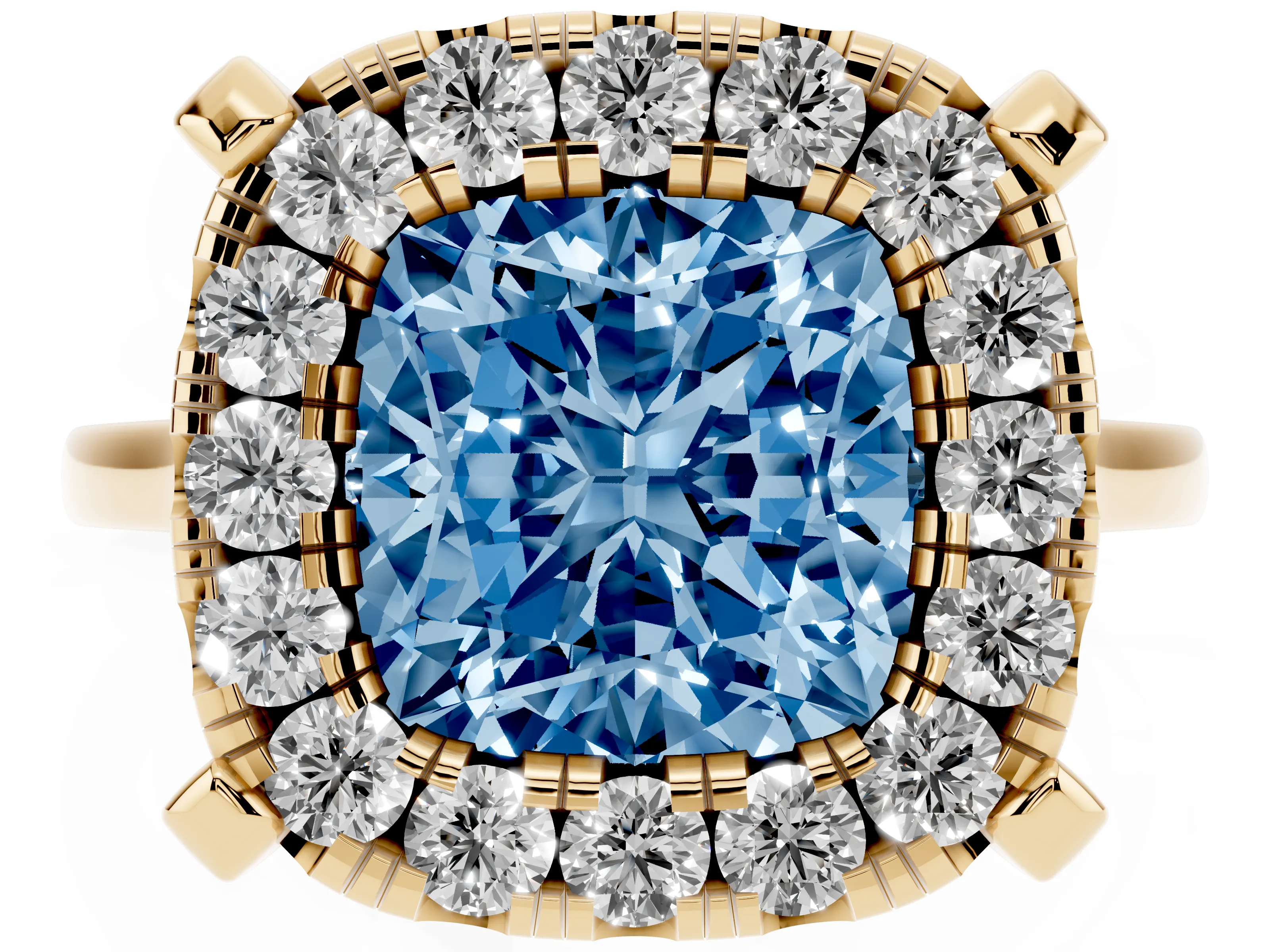Fancy Blue Cushion Cut Diamond Cluster Halo Solitaire Ring Set in Yellow gold with Prong Setting