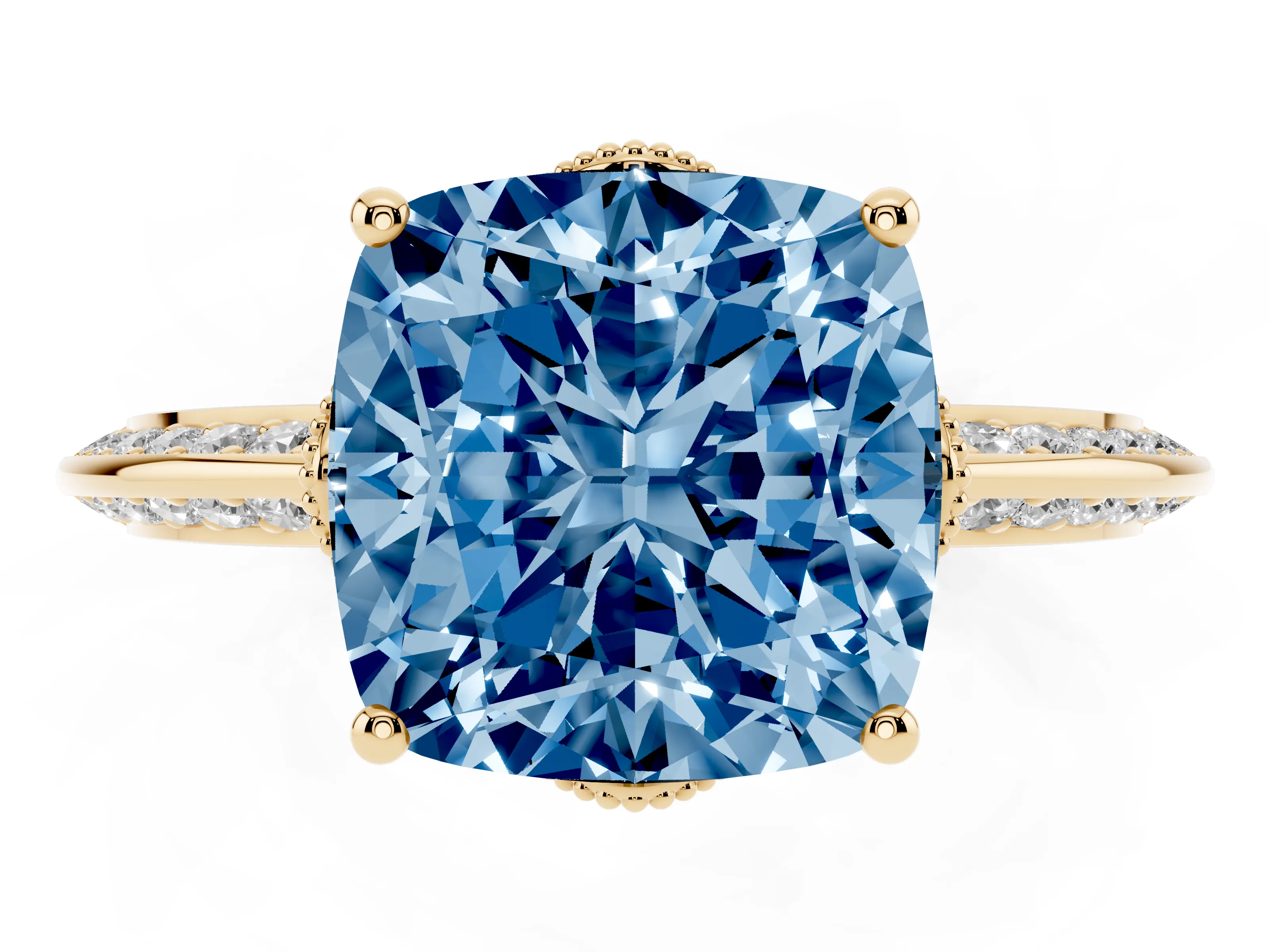 Fancy Blue Cushion Cut Diamond Solitaire Engagement Ring Set in Yellow gold with Pavé Split Shank and Prong Setting