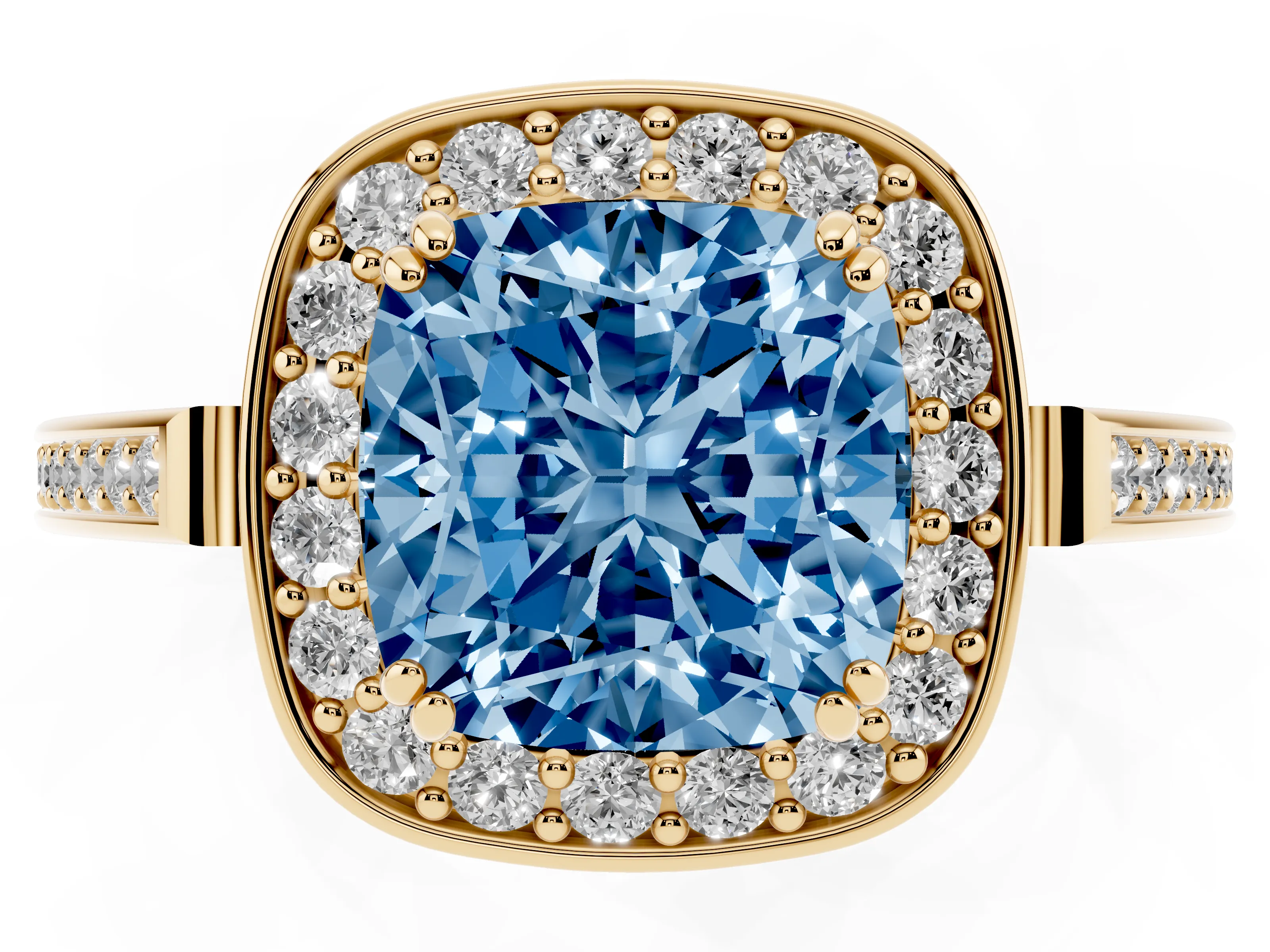 Fancy Blue Cushion Cut Diamond Halo Ring Set in Yellow gold with Accent-Lined Split Shank and Prong Setting