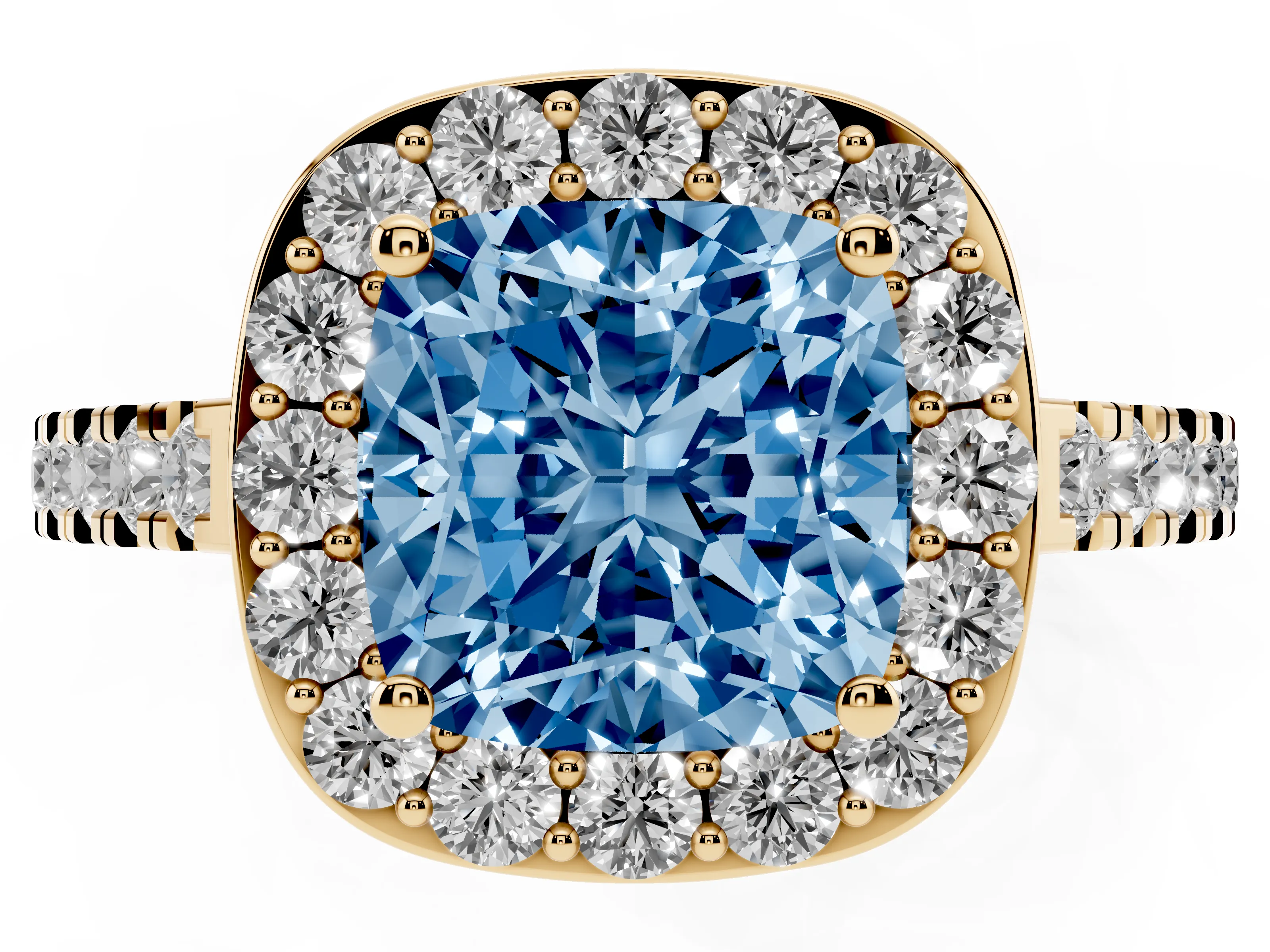 Fancy Blue Cushion Cut Diamond Halo Ring Set in Yellow gold with Round Pavé Split Shank and Prong Setting