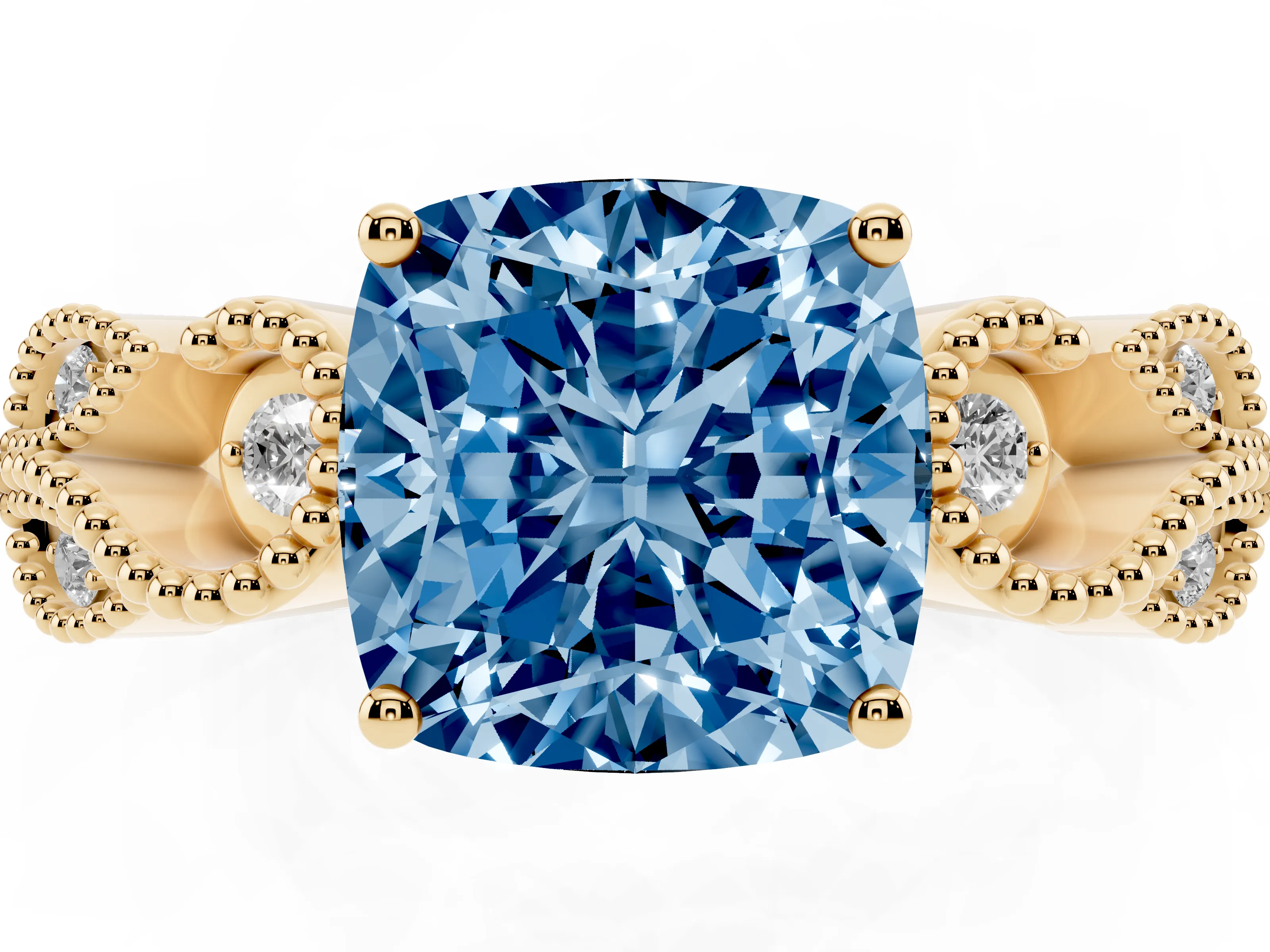 Fancy Blue Cushion Cut Diamond Milgrain Leaf Band Solitaire Ring Set in Yellow gold with Accent Stones and Prong Setting