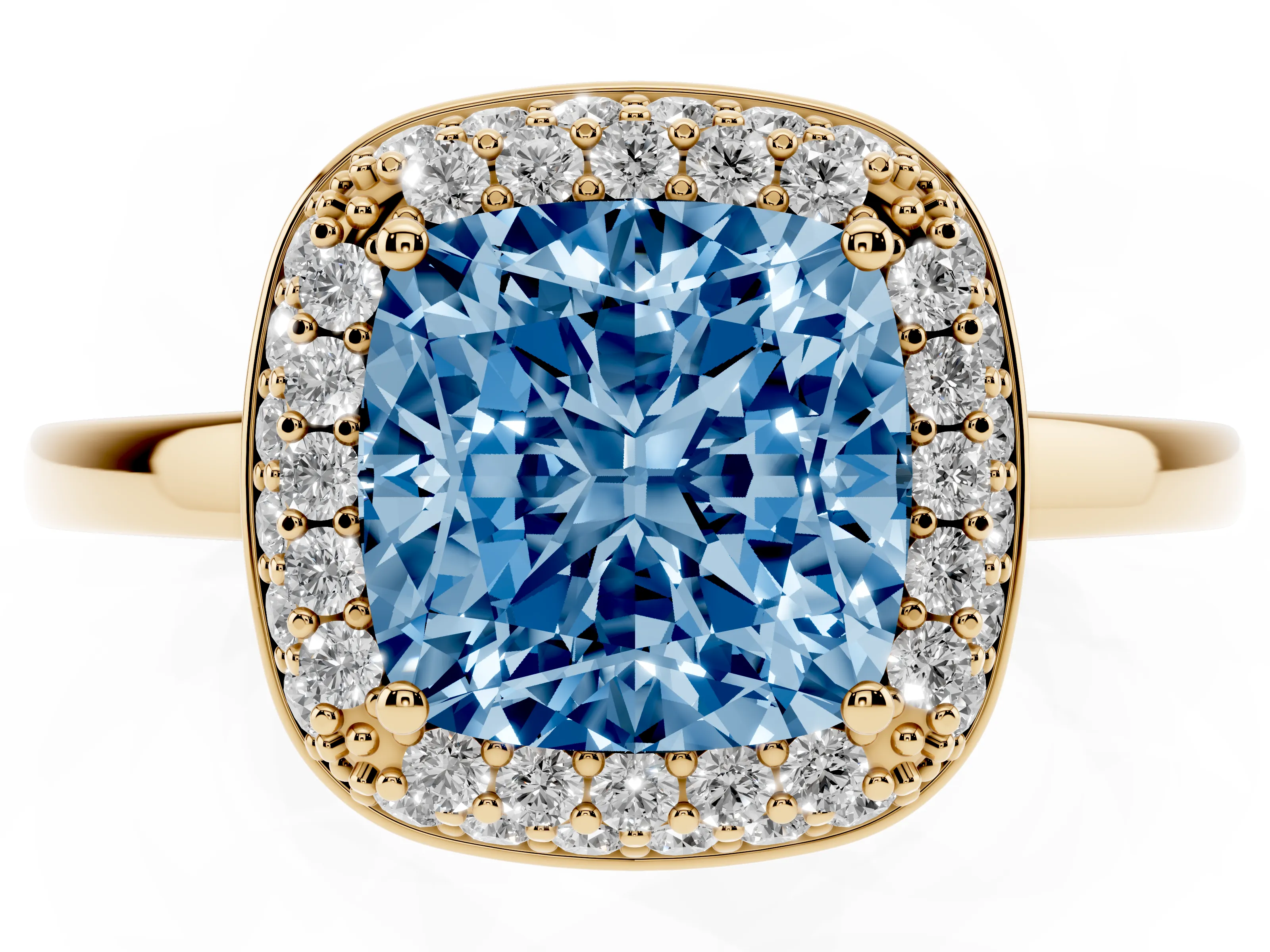 Fancy Blue Cushion Cut Diamond Halo Engagement Ring Set in Yellow gold with Solitaire Band and Prong Setting