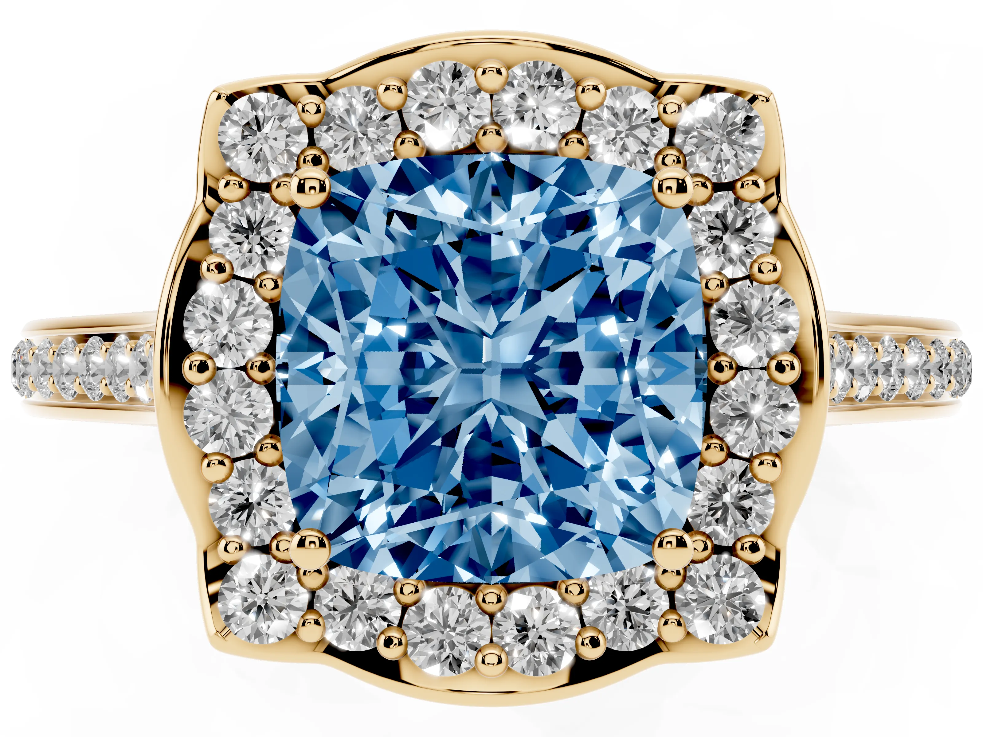 Fancy Blue Cushion Cut Diamond Halo Ring Set in Yellow gold with Pavé-Lined Shoulders and Prong Setting