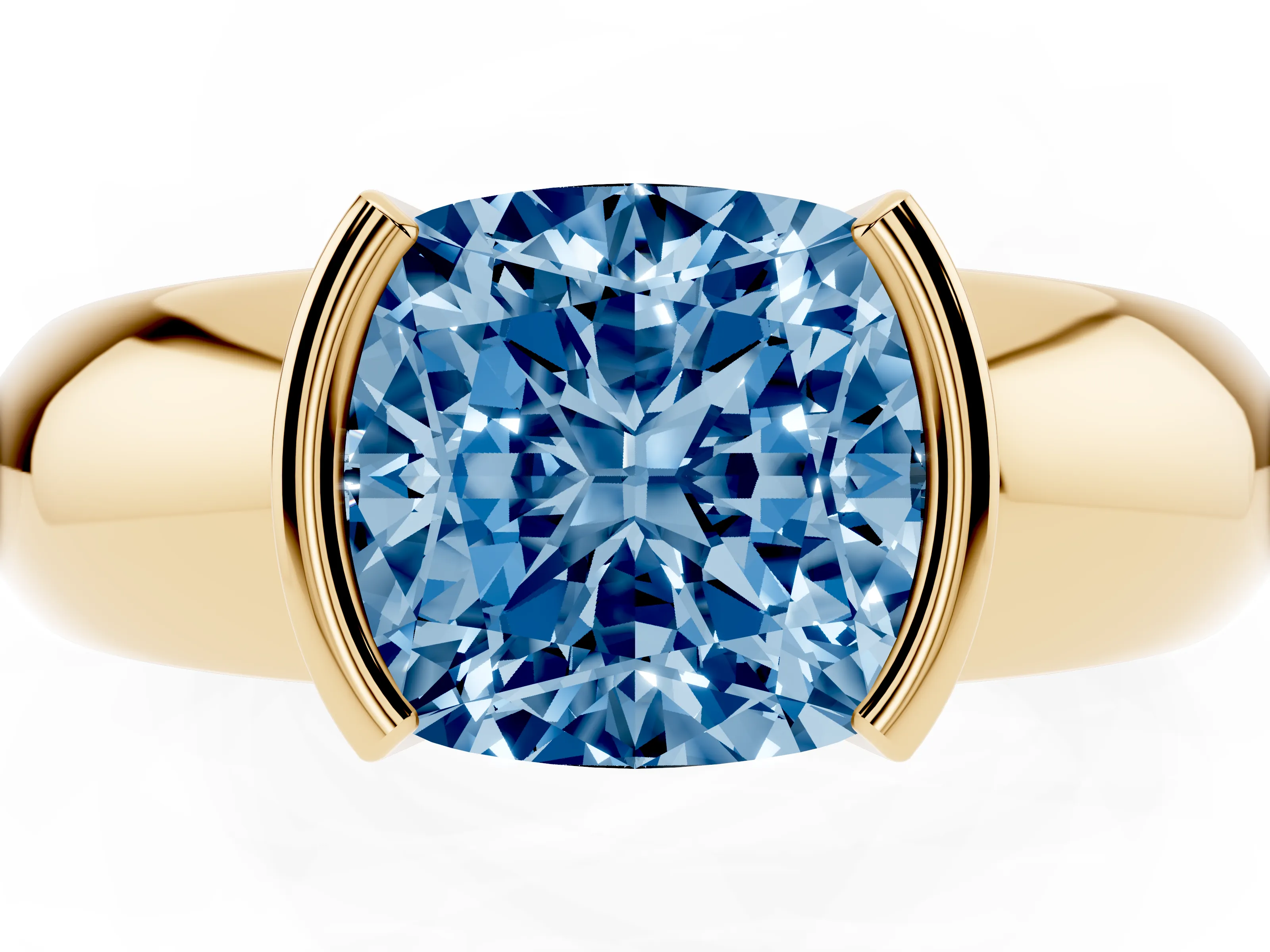 Fancy Blue Cushion Cut Diamond Solitaire Tension Set Ring Set in Yellow gold with Wide Band