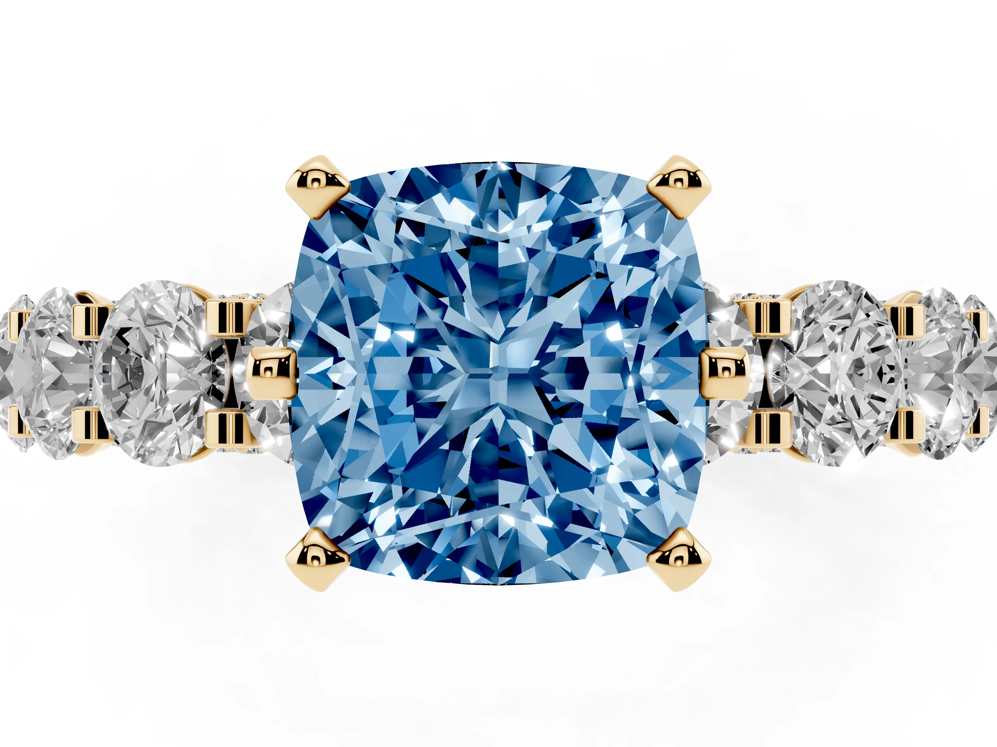 Fancy Blue Cushion Cut Diamond Side Stone Ring Set in Yellow gold with Alternating Round and Oval Side Stones