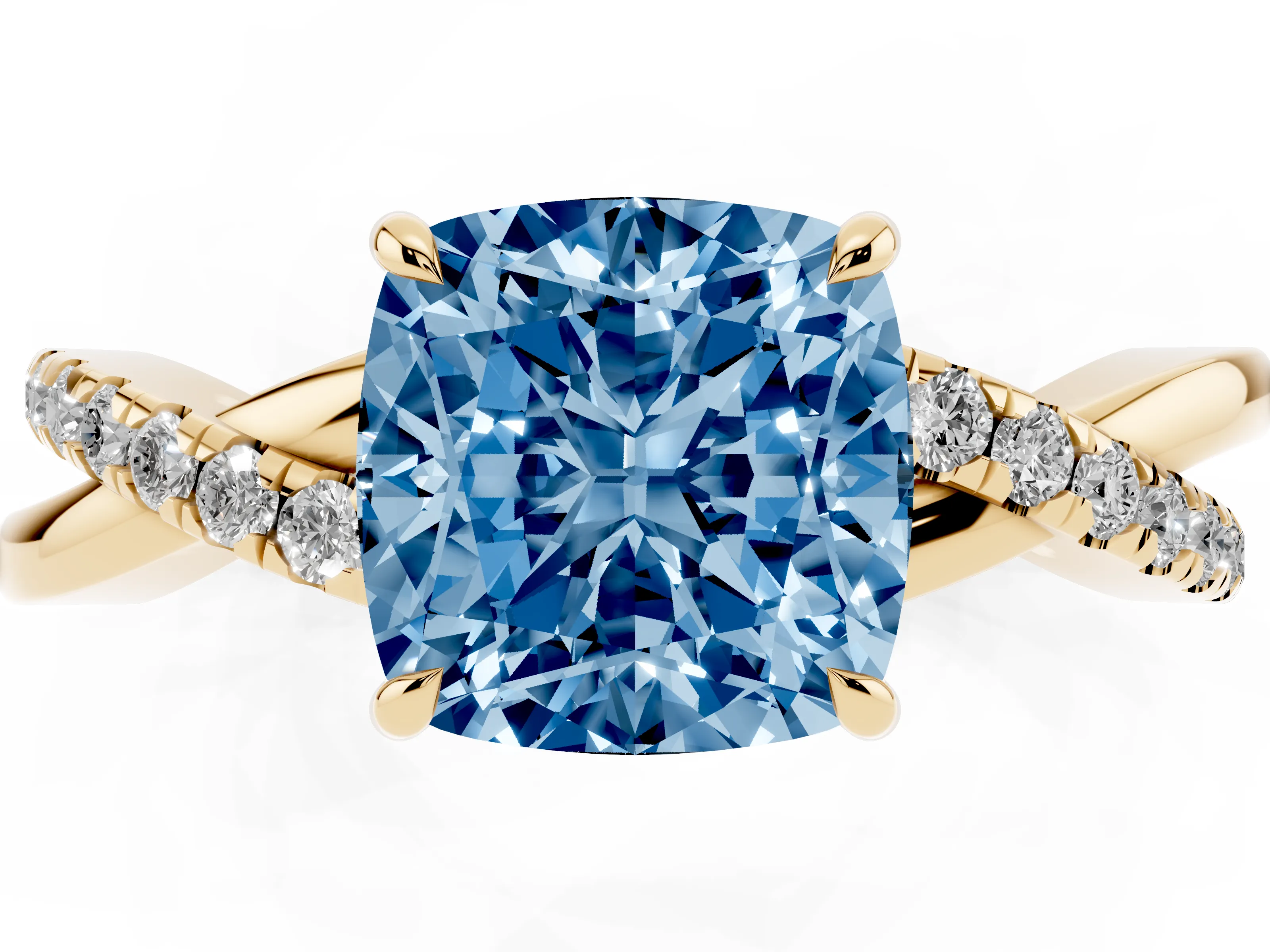 Fancy Blue Cushion Cut Diamond Twisted Pavé Band Ring Set in Yellow gold with Prong Setting