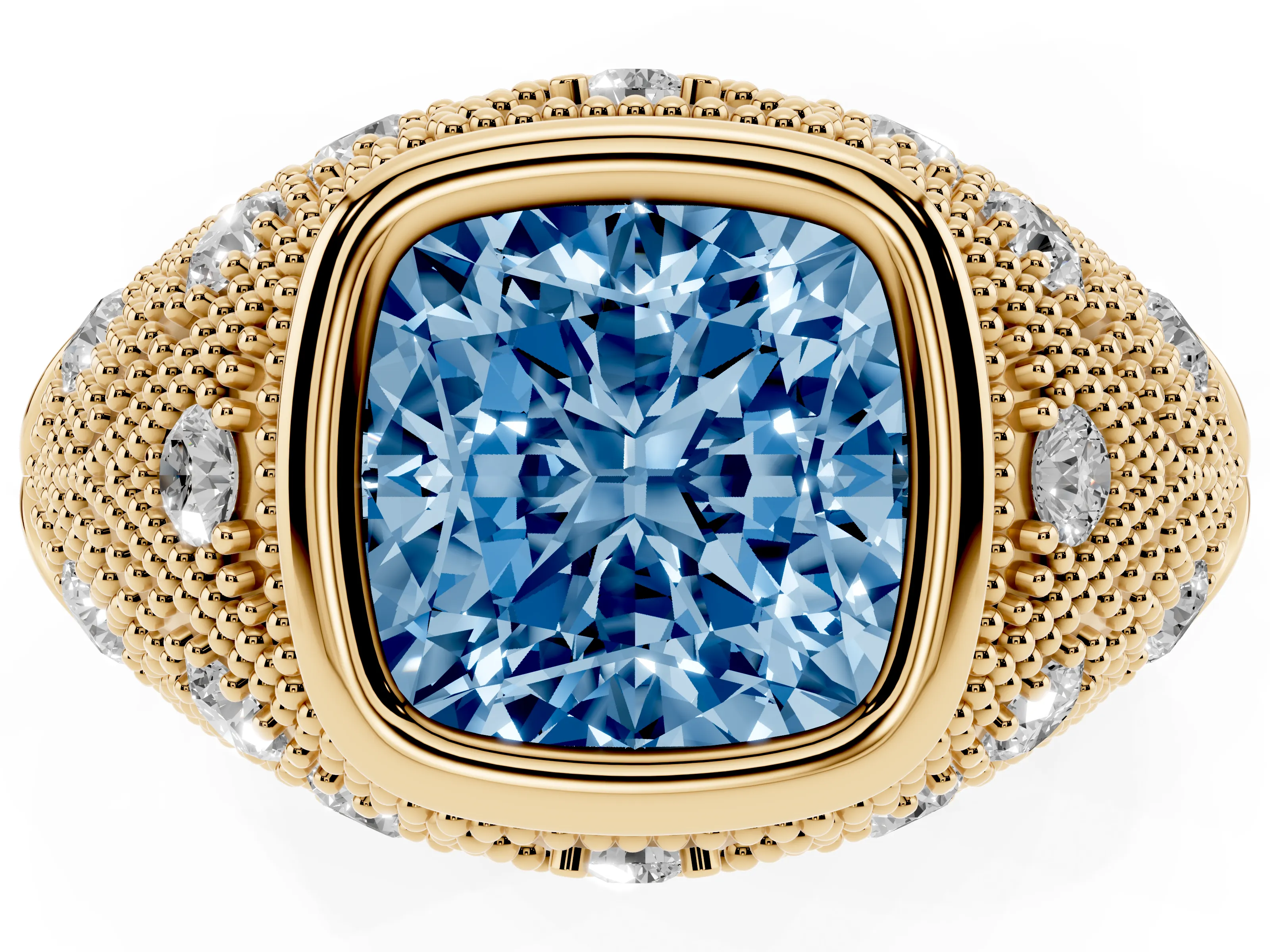 Fancy Blue Cushion Cut Diamond Bezel Ring Set in Yellow gold with Milgrain Accent Band