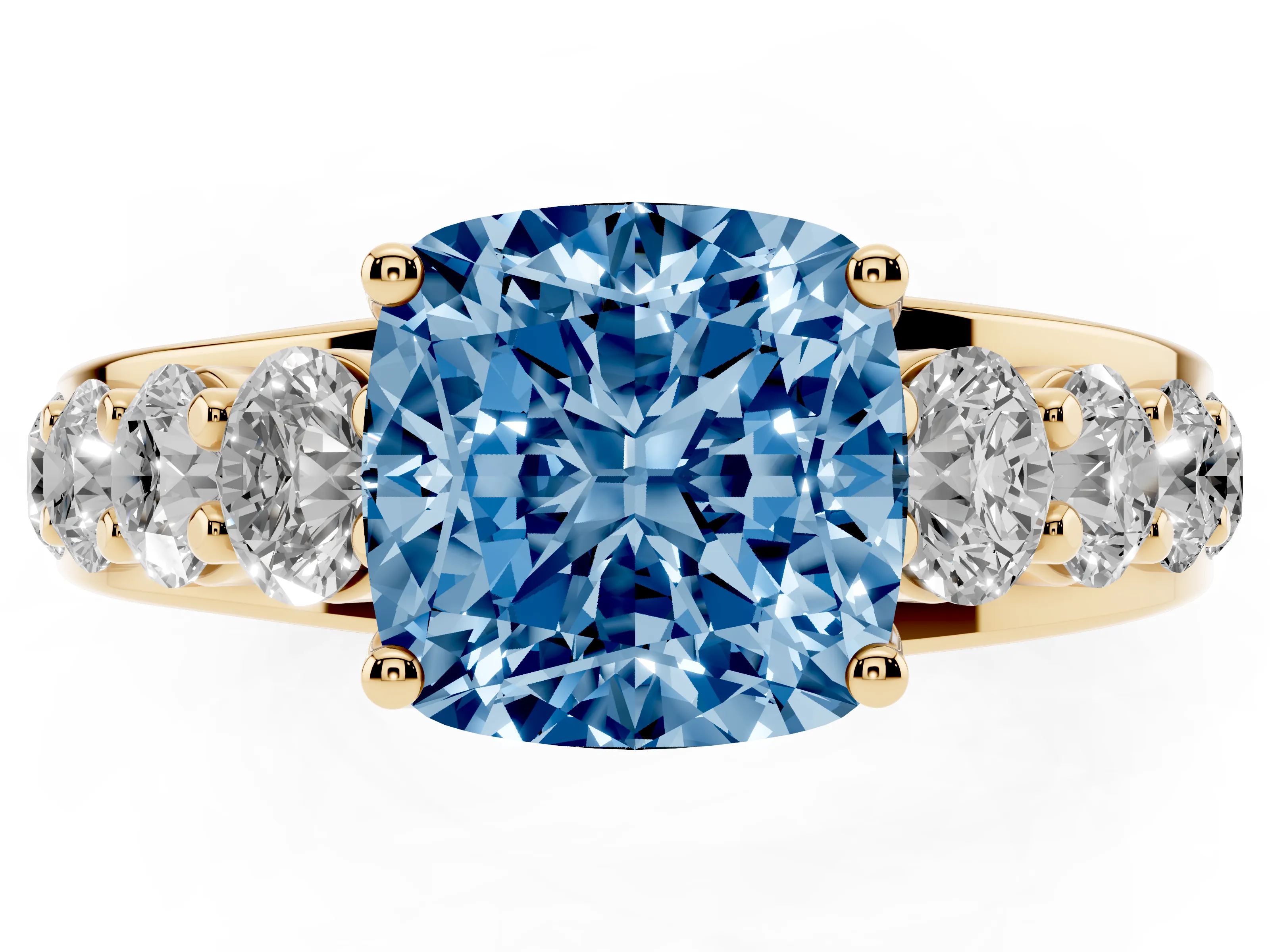Fancy Blue Cushion Cut Diamond Pavé Engagement Ring Set in Yellow gold with Prong Setting