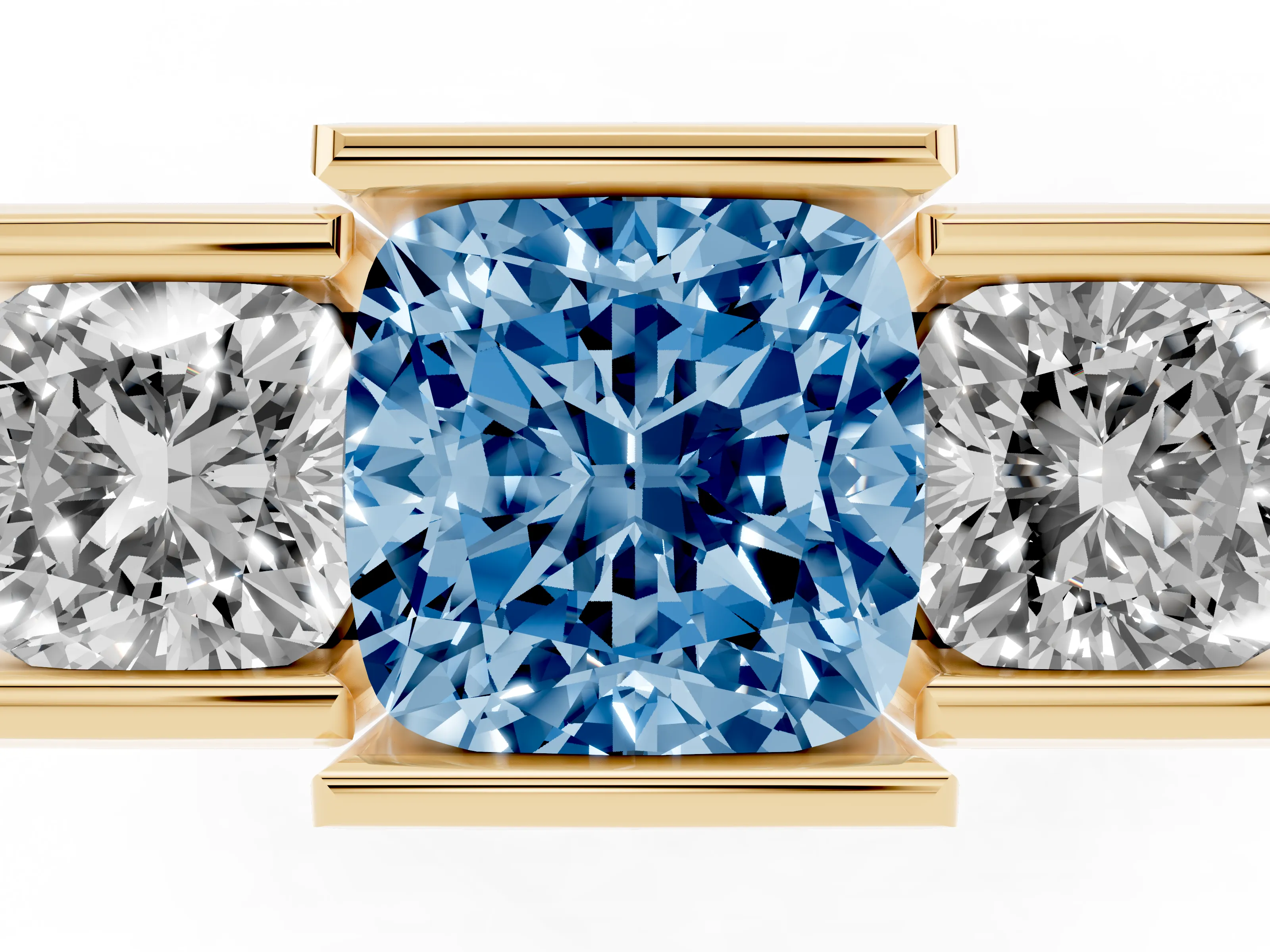 Fancy Blue Cushion Cut Diamond Three-Stone Channel Set Ring Set in Yellow gold with Smooth Polished Band