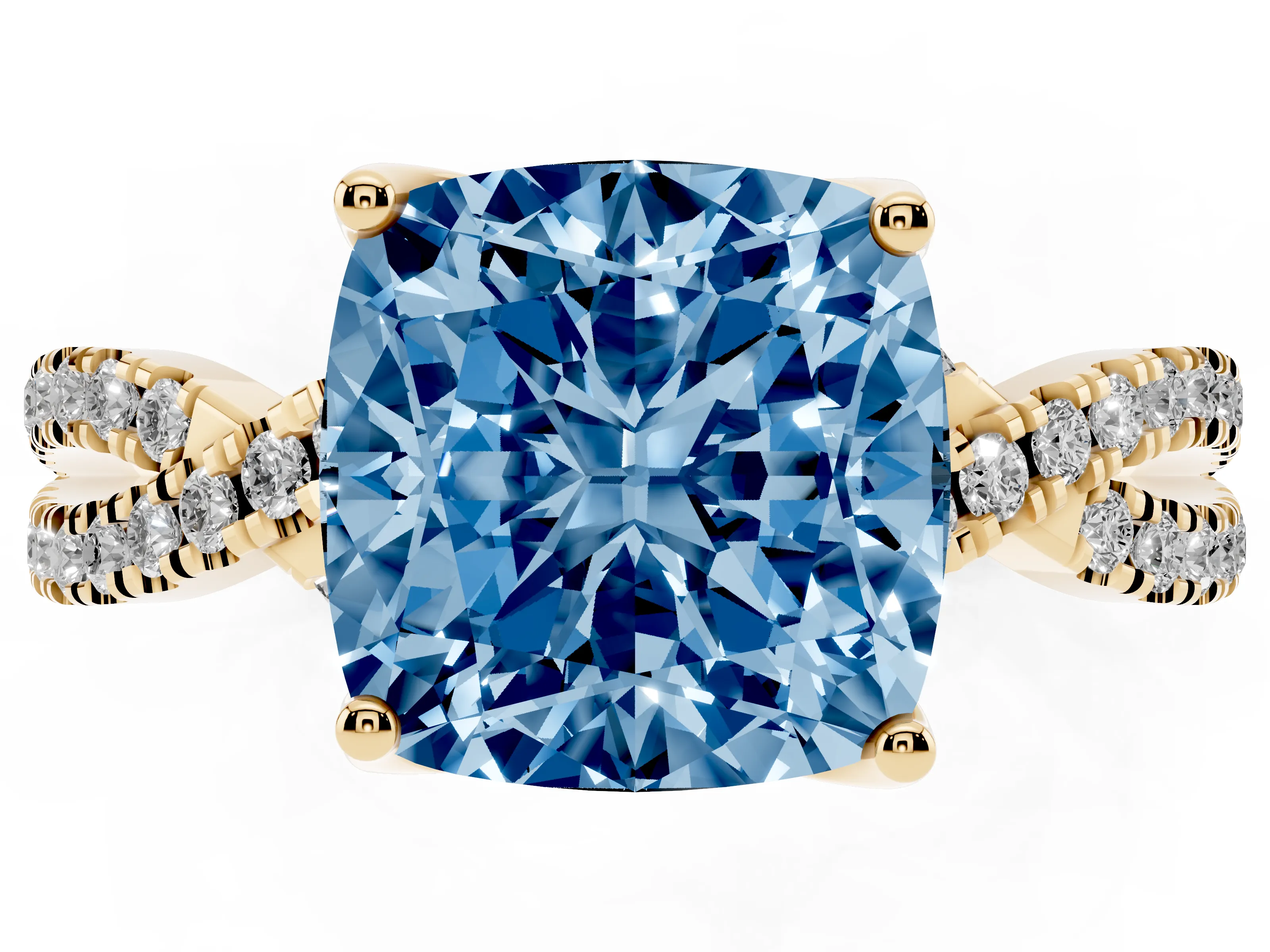 Fancy Blue Cushion Cut Diamond Twist Pavé Solitaire Engagement Ring Set in Yellow gold with Prong Setting