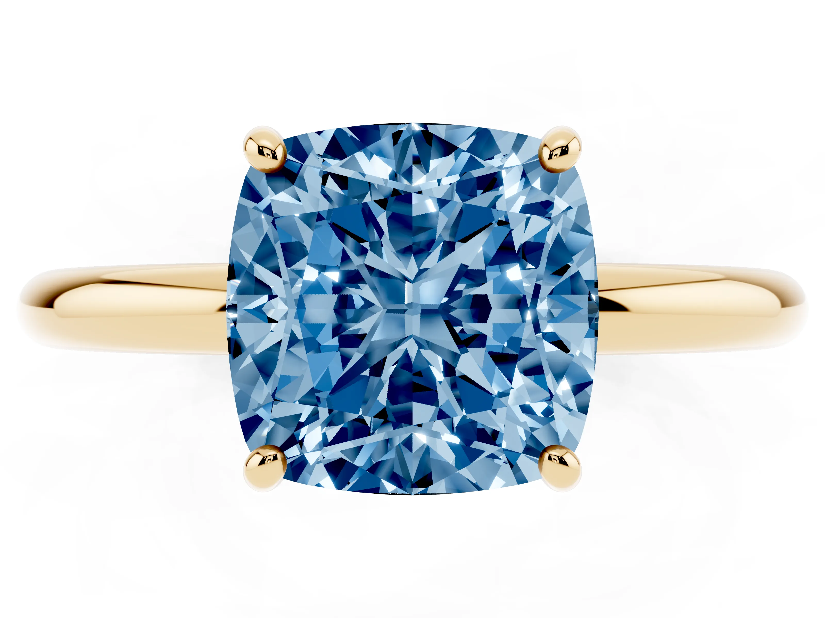 Fancy Blue Cushion Cut Diamond Solitaire Ring Set in Yellow gold with Prong Setting on a Polished Plain Band