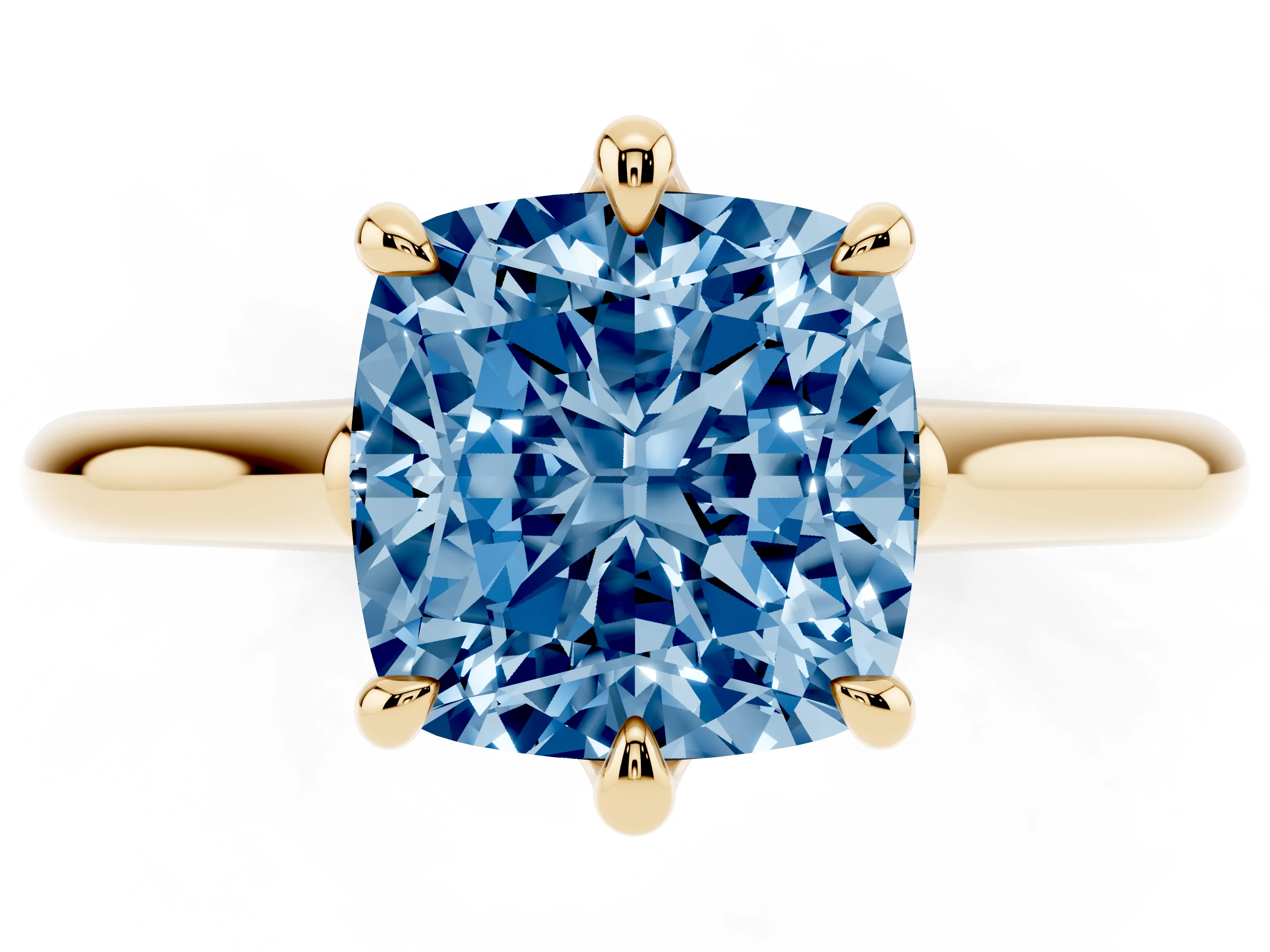 Fancy Blue Cushion Cut Diamond Solitaire Engagement Ring Set in Yellow gold with Prong Setting and Plain Classic Band