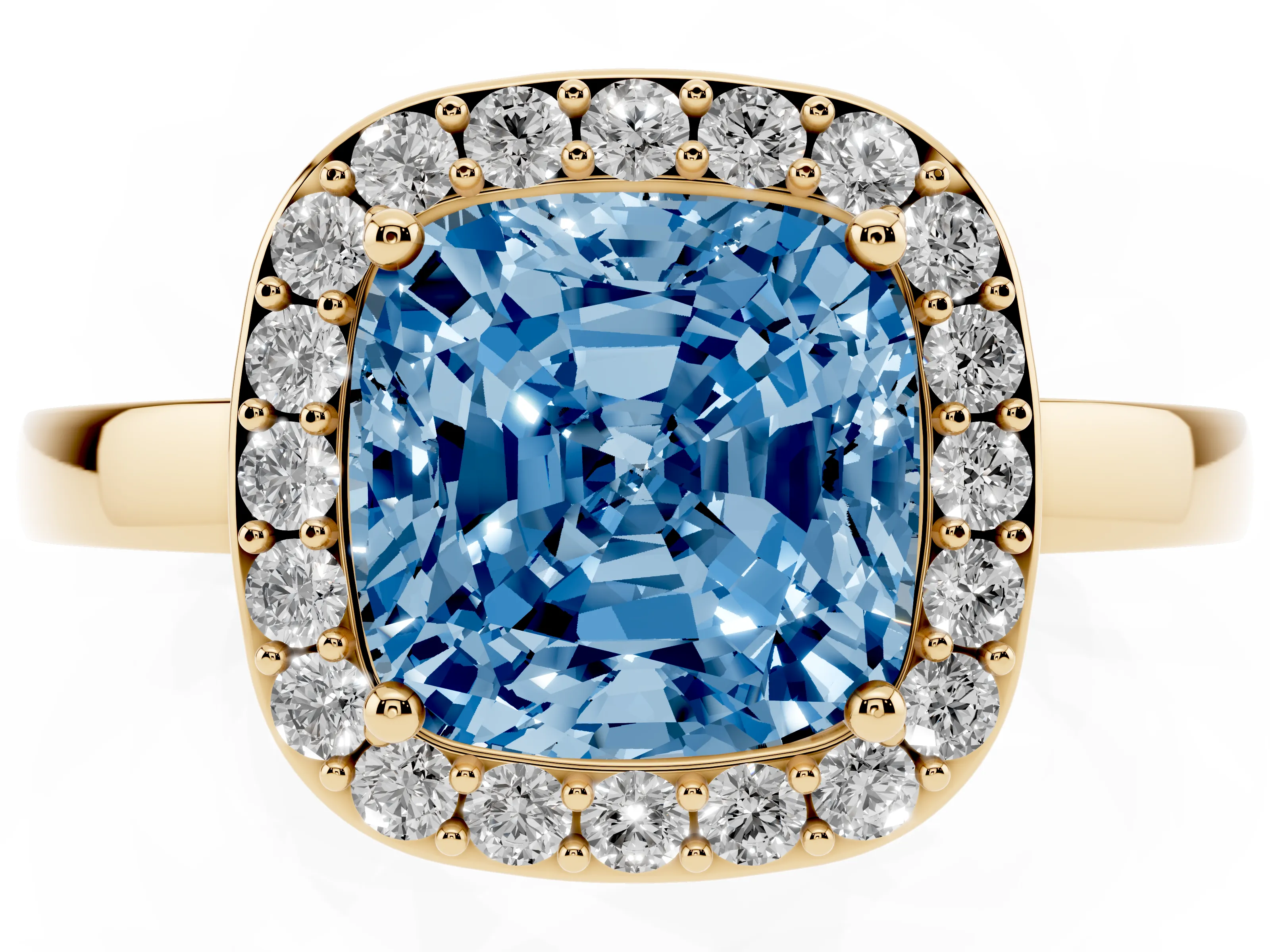 Fancy Blue Cushion Cut Diamond Halo Ring Set in Yellow gold with Solitaire Band and Prong Setting