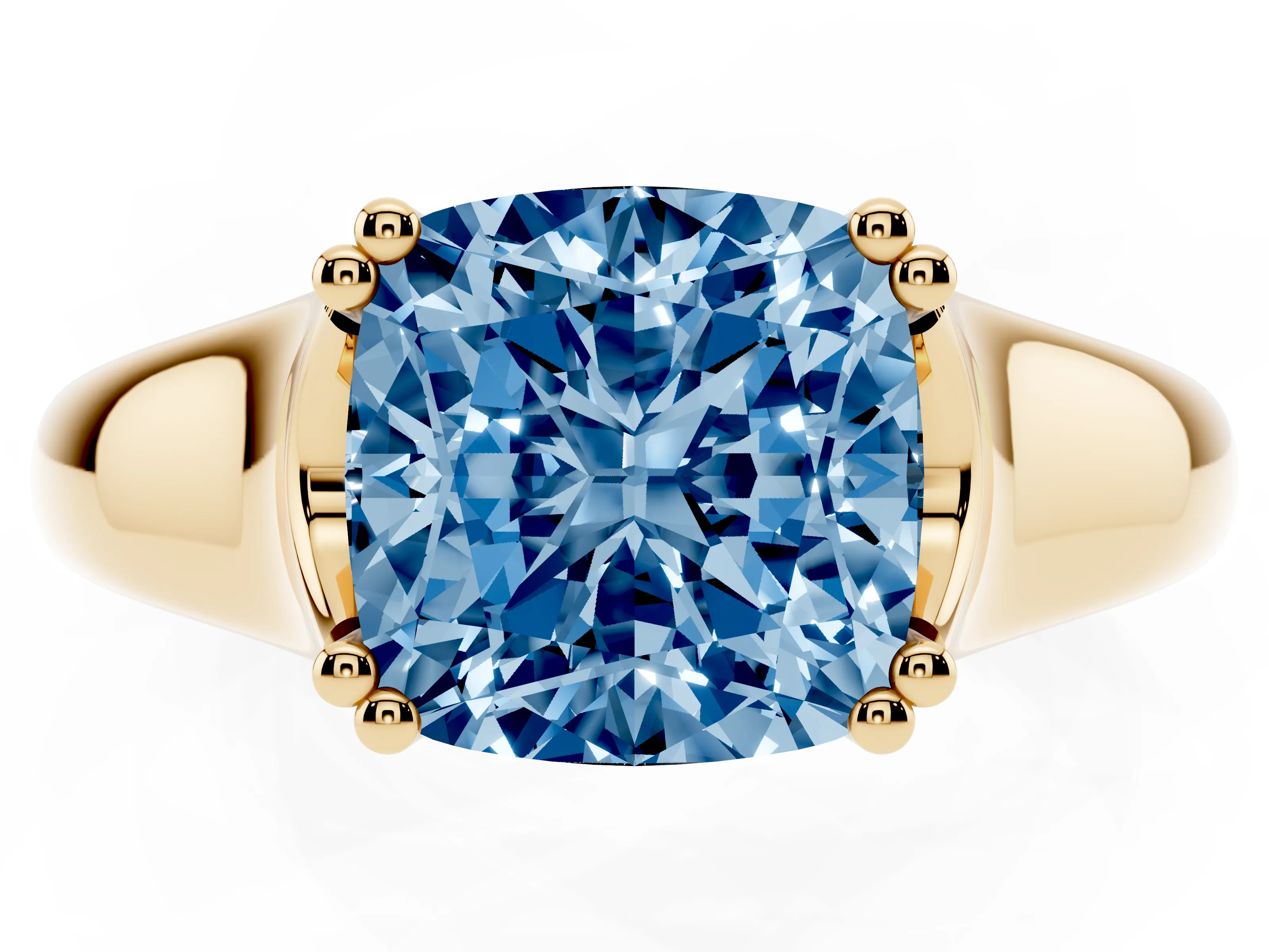 Fancy Blue Cushion Cut Diamond Solitaire Ring Set in Yellow gold with Wide Band and Prong Setting