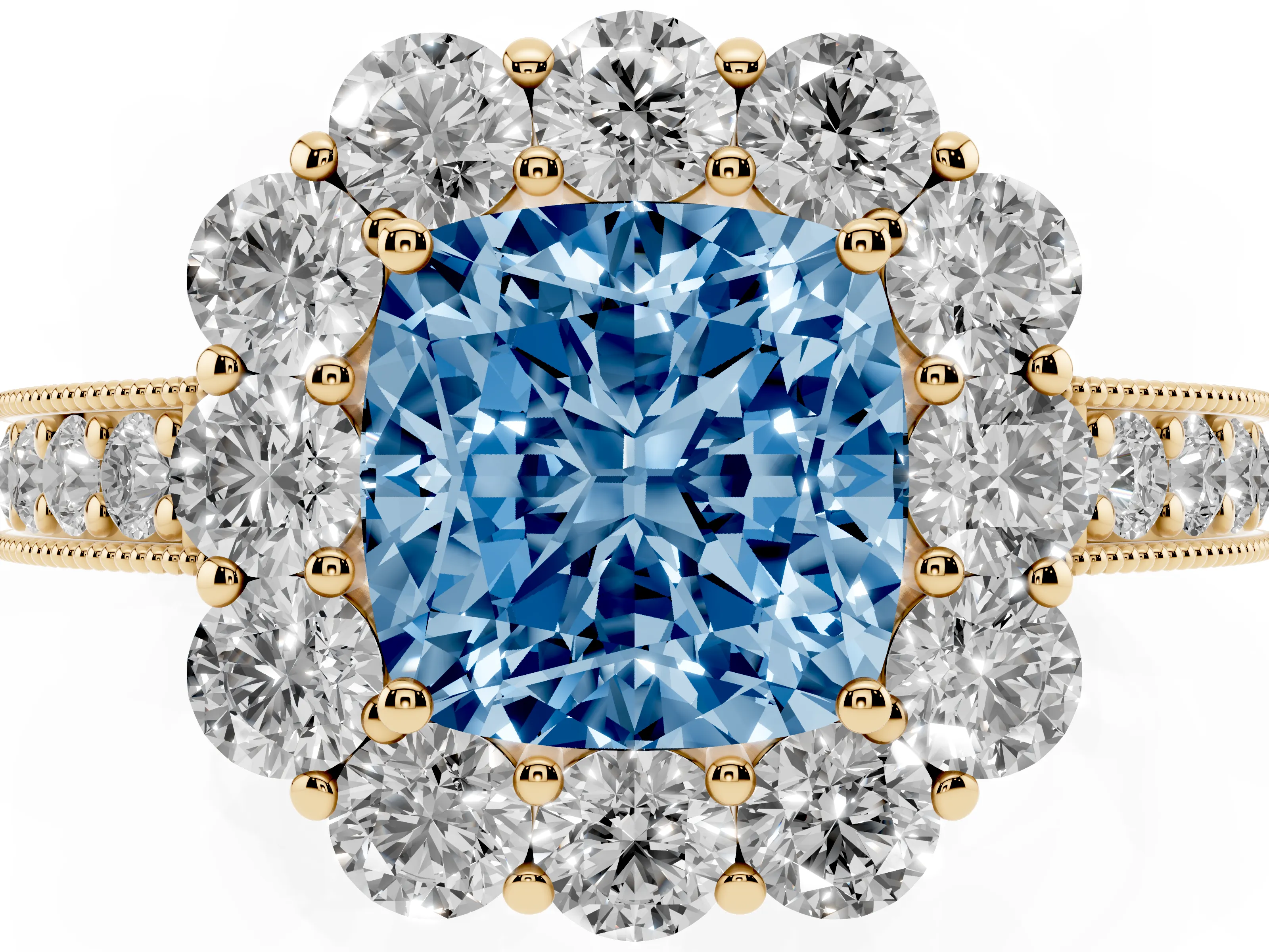 Fancy Blue Cushion Cut Diamond Halo Pavé Engagement Ring Set in Yellow gold with Milgrain Detailing