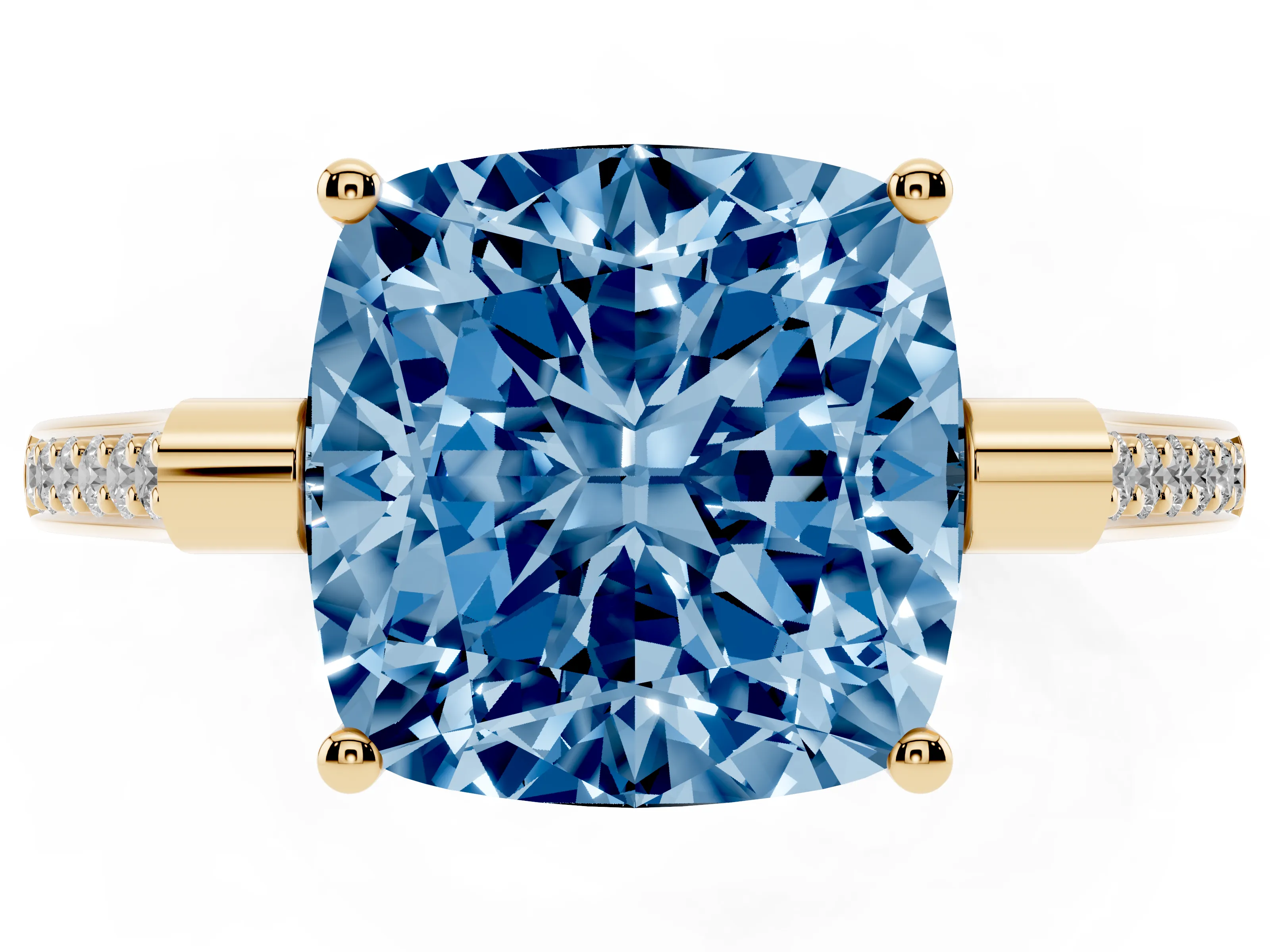 Fancy Blue Cushion Cut Diamond Solitaire Ring Set in Yellow gold with Channel Set Band and Bezel Prong Setting