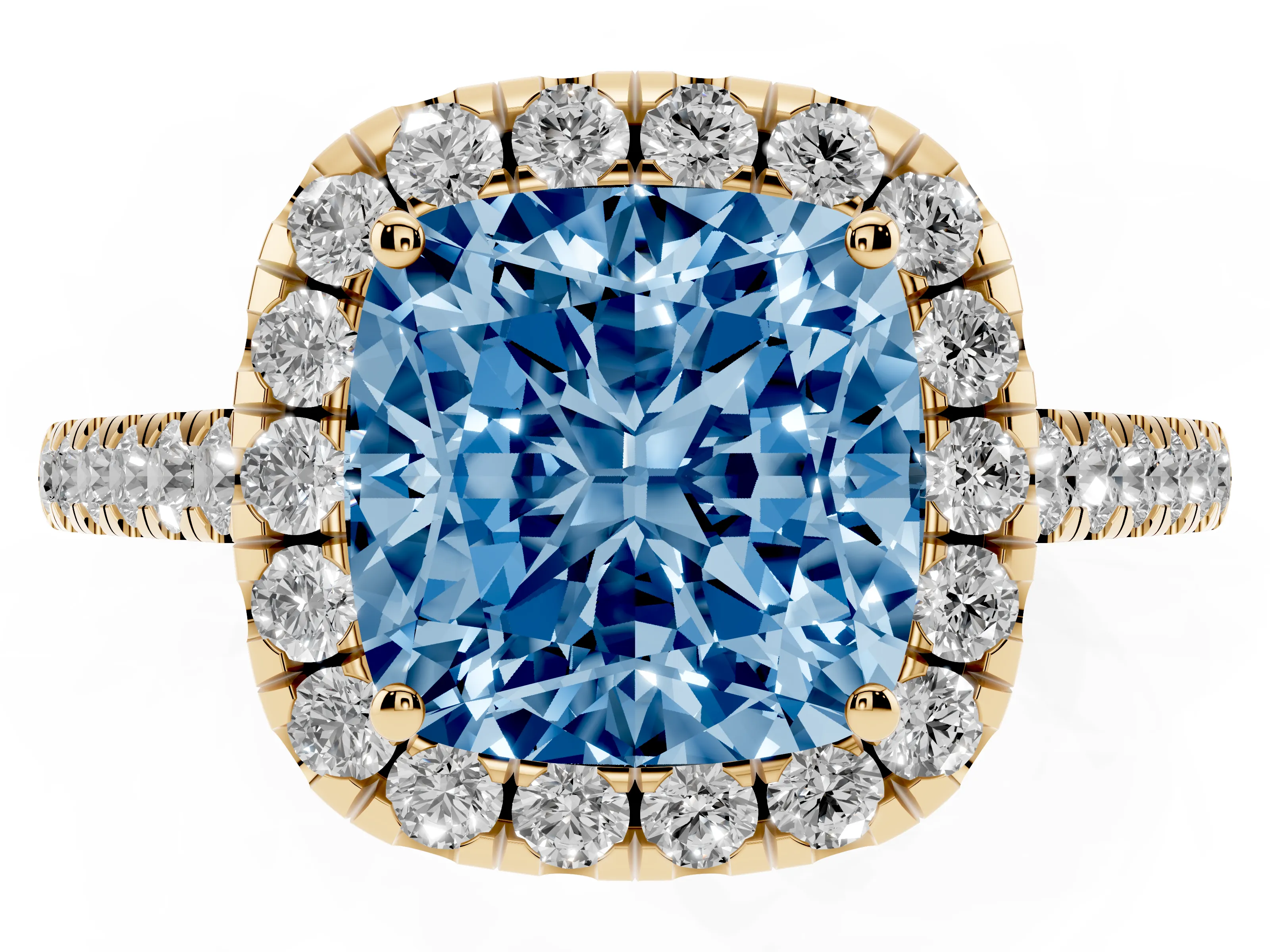 Fancy Blue Cushion Cut Diamond Halo Pavé Engagement Ring Set in Yellow gold with Prong Setting