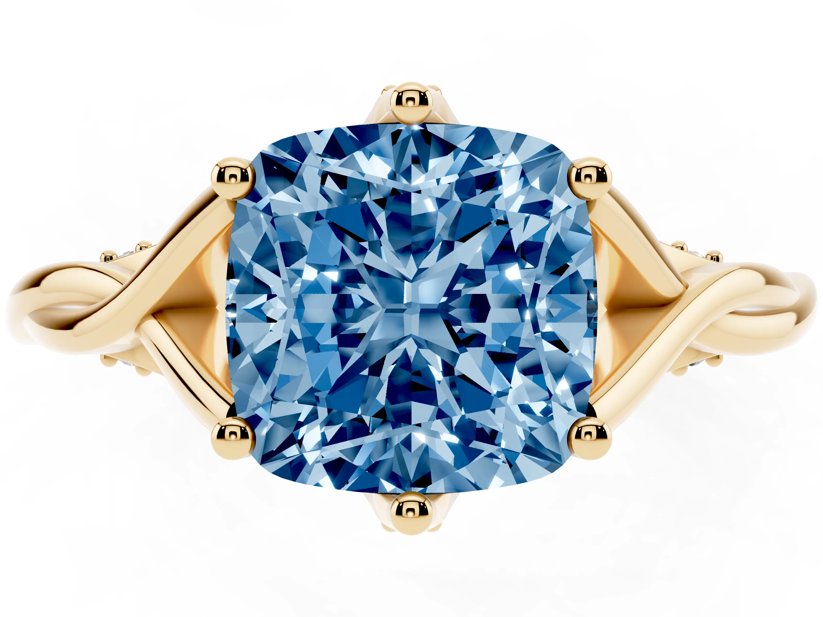 Fancy Blue Cushion Cut Diamond Intertwined Twist Band Solitaire Ring Set in Yellow gold with Prong Setting