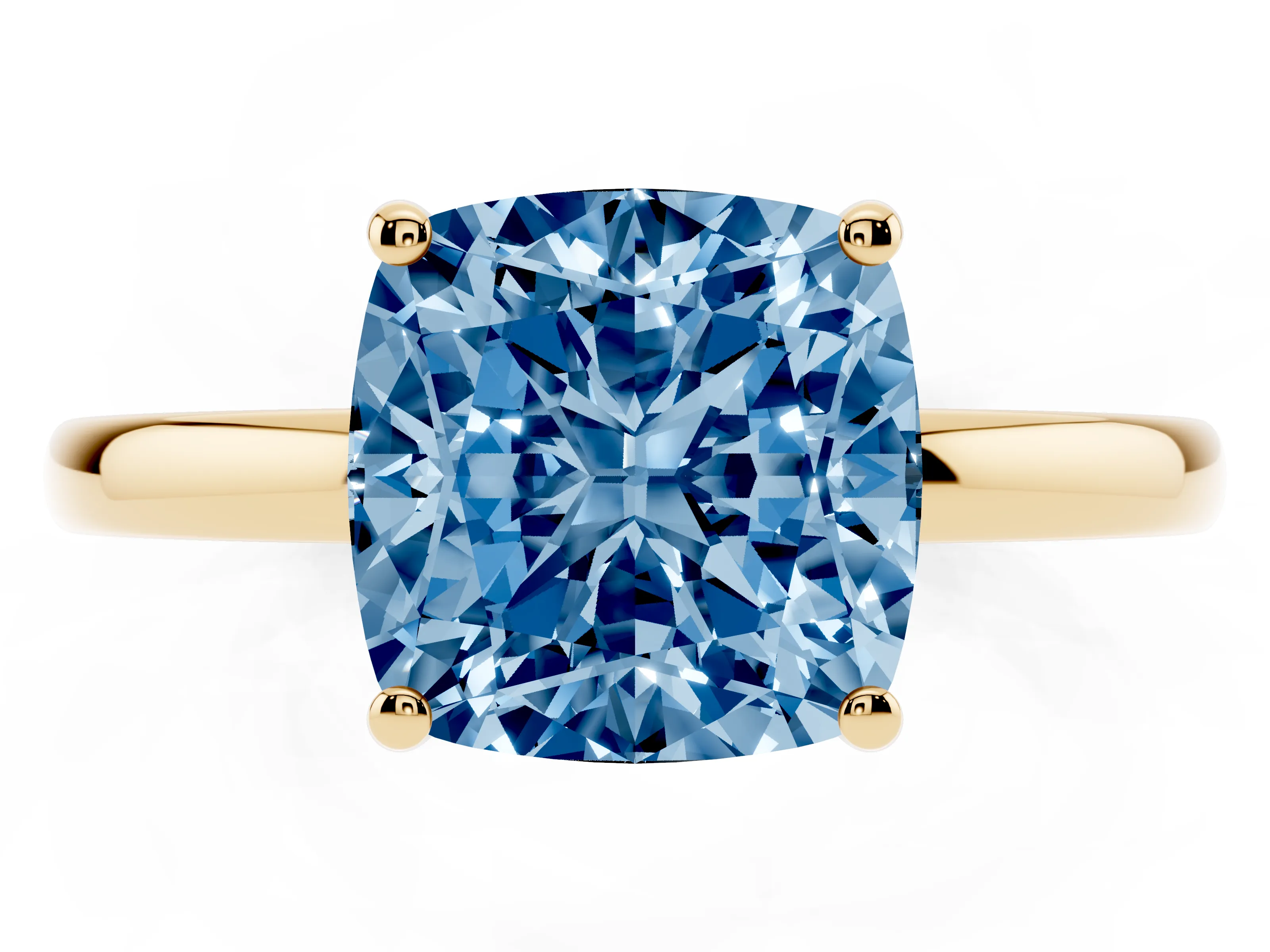Fancy Blue Cushion Cut Diamond Solitaire Ring Set in Yellow gold with Plain Band and Prong Setting