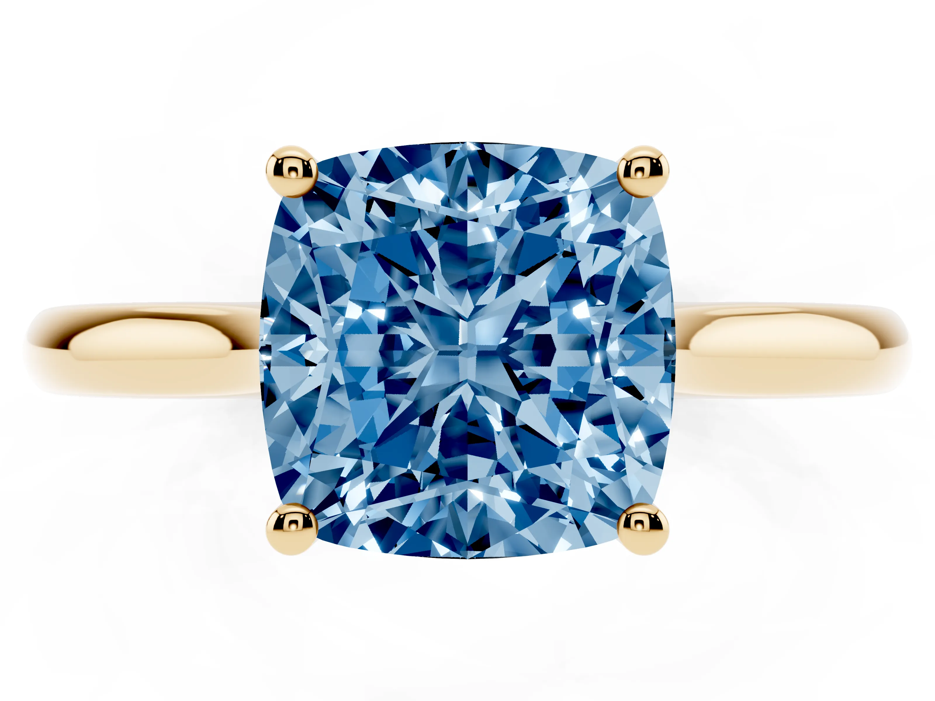 Fancy Blue Cushion Cut Diamond Solitaire Ring Set in Yellow gold with Cathedral Band and Prong Setting