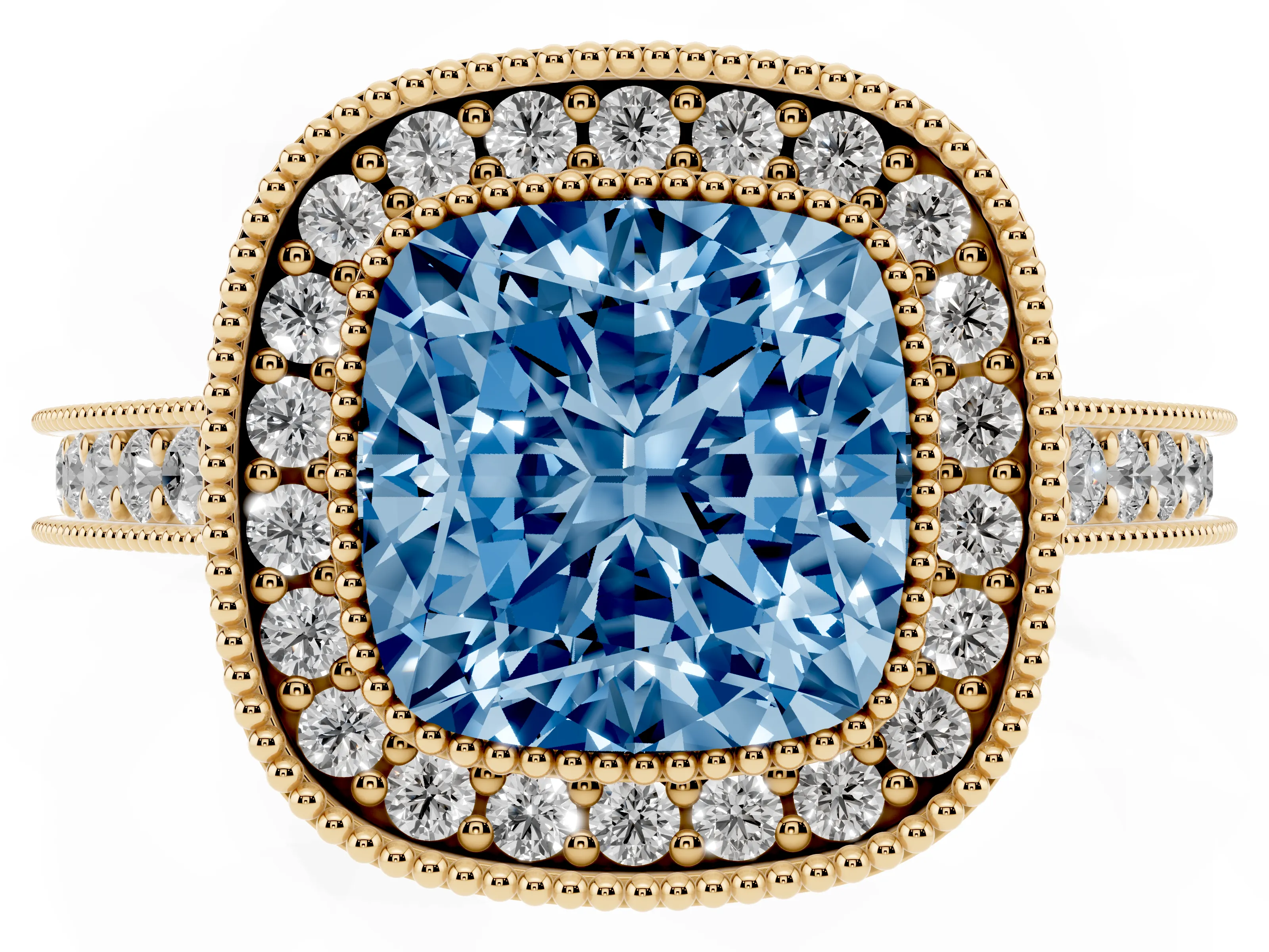 Fancy Blue Cushion Cut Diamond Halo Milgrain Pavé Band Ring Set in Yellow gold with Prong Setting