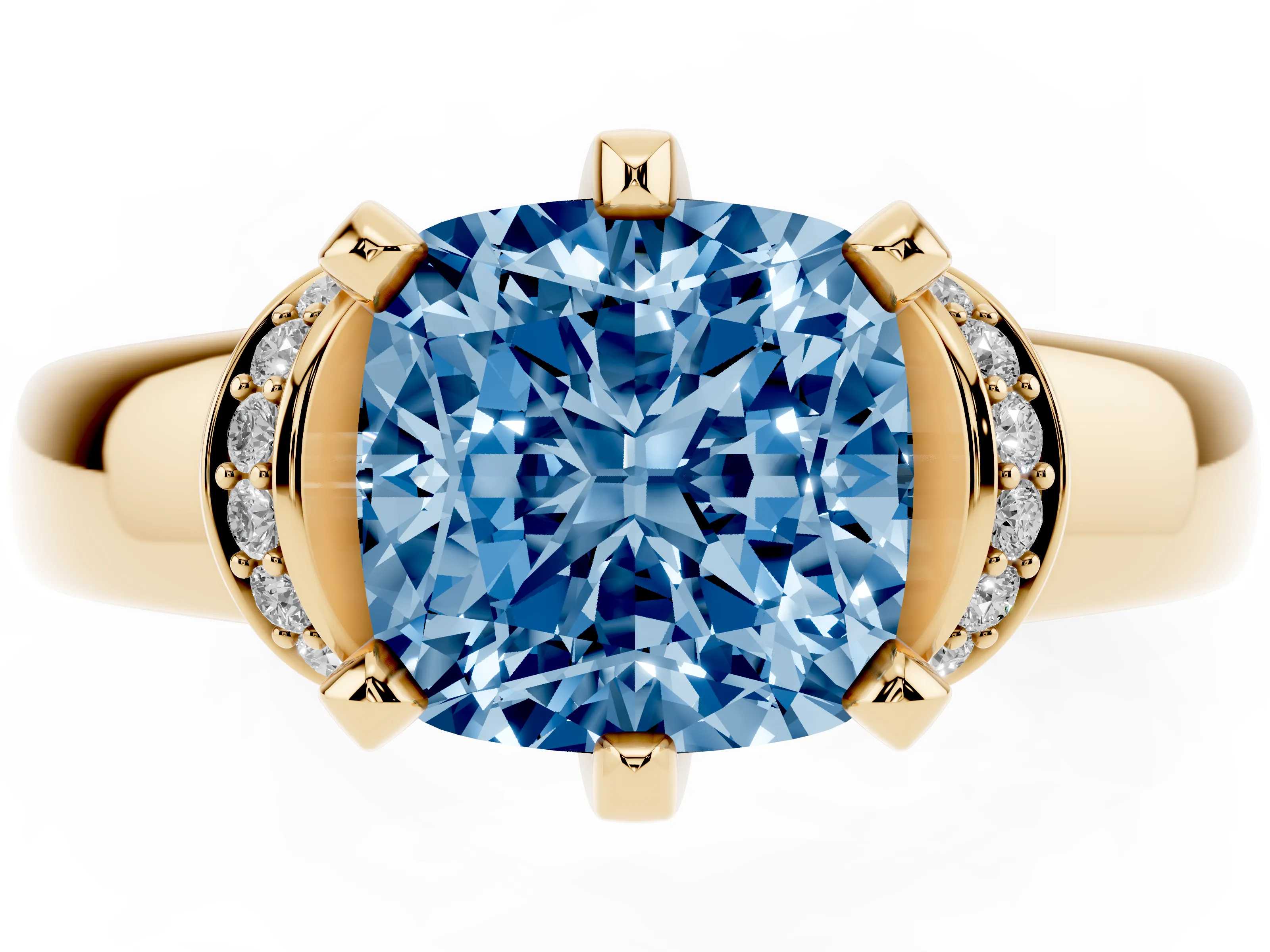 Fancy Blue Cushion Cut Diamond Pavé Band Solitaire Ring Set in Yellow gold with Prong Setting