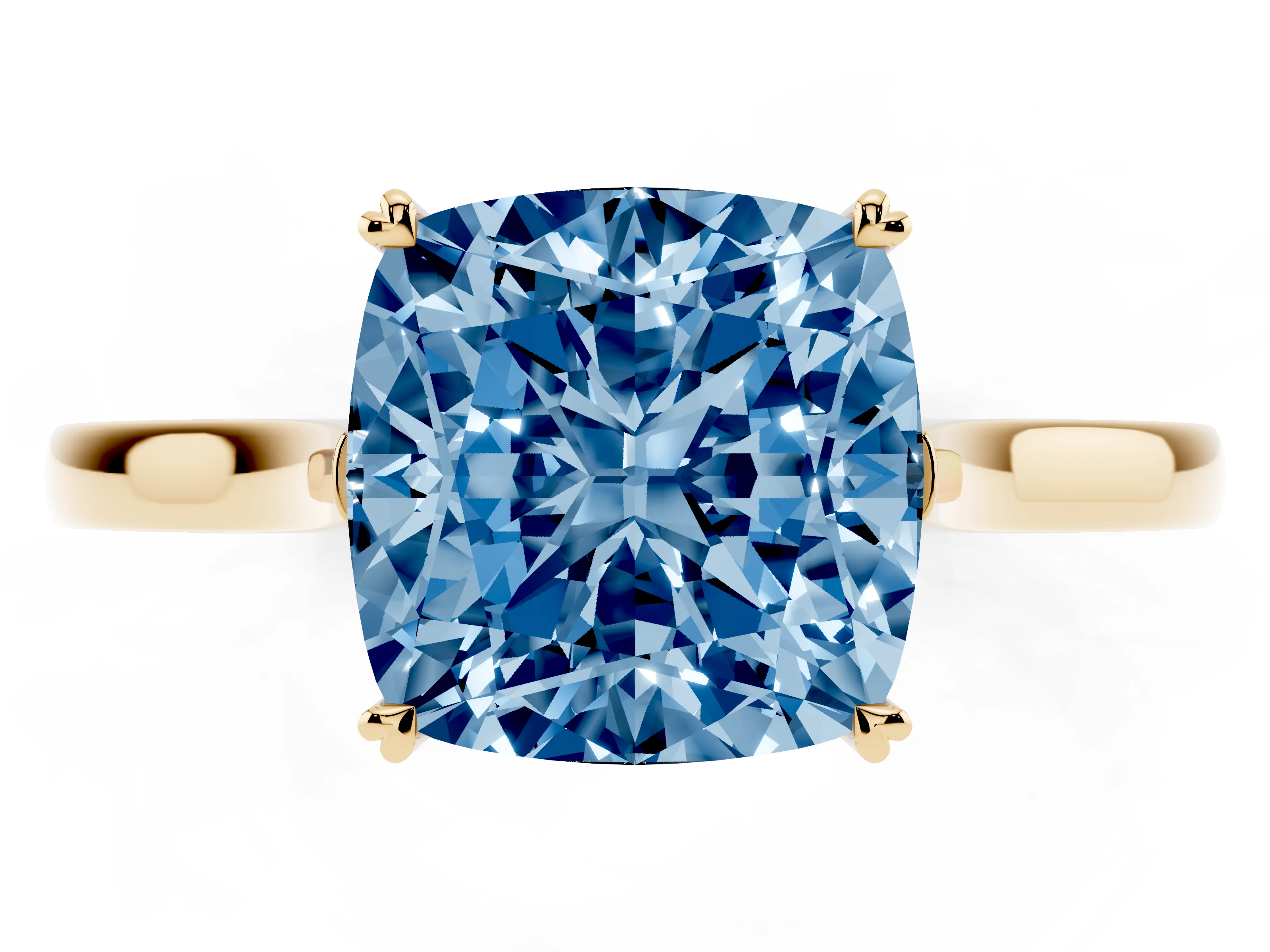Fancy Blue Cushion Cut Diamond Solitaire Heart Prong Engagement Ring Set in Yellow gold with Tapered Band