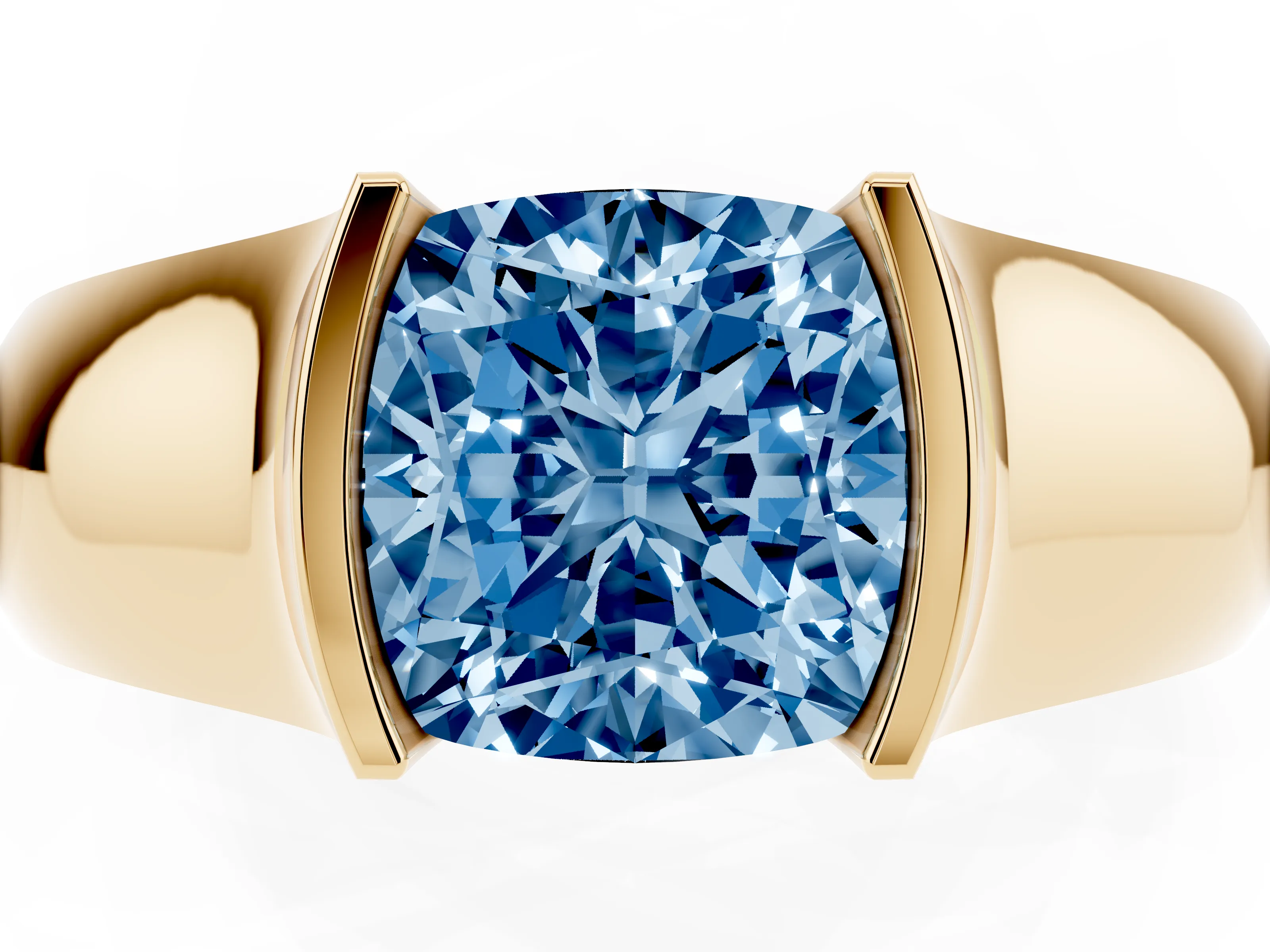 Fancy Blue Cushion Cut Diamond Bezel Solitaire Ring Set in Yellow gold with Wide Band