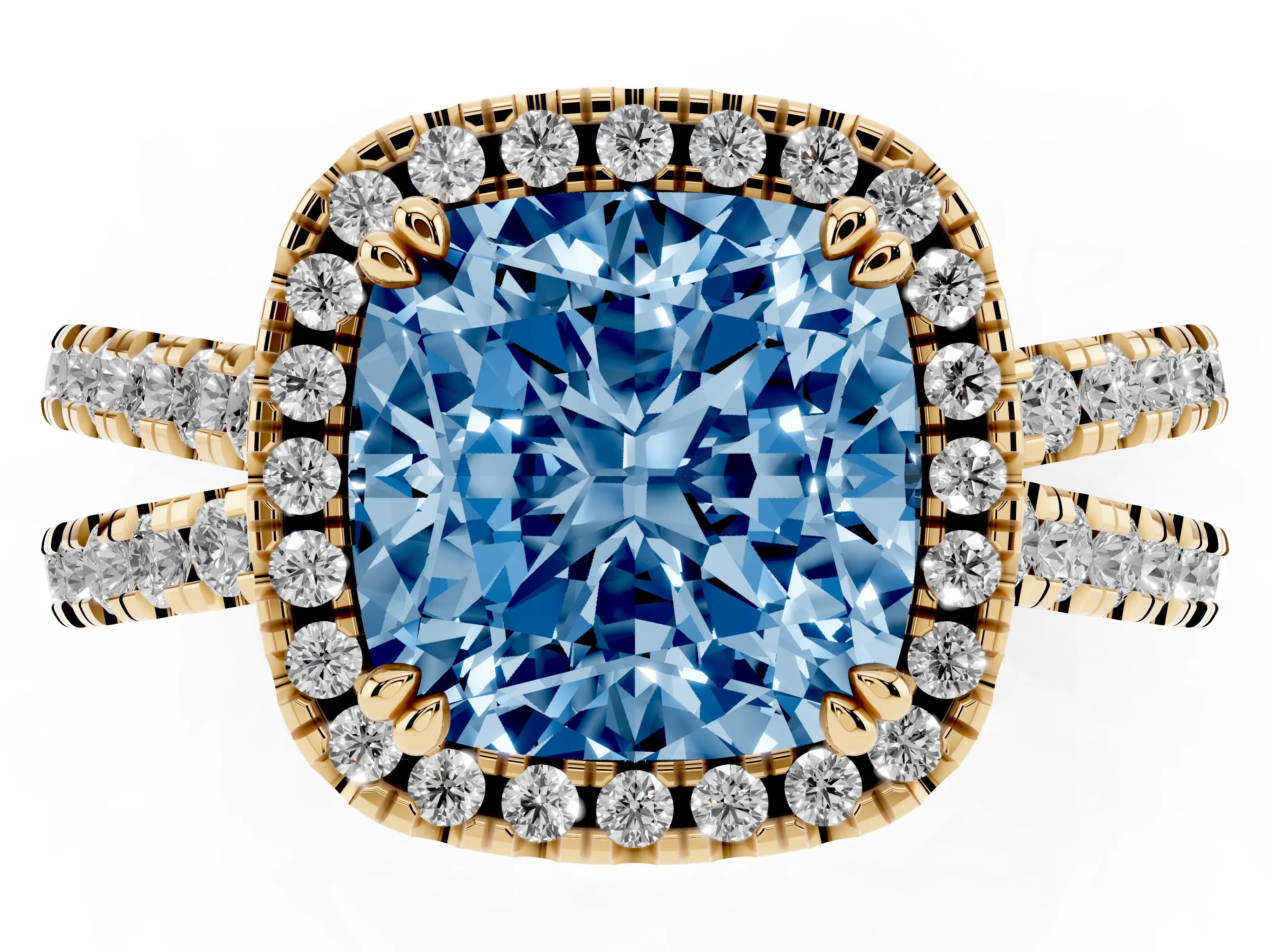 Fancy Blue Cushion Cut Diamond Halo Split Shank Ring Set in Yellow gold with Pavé Setting