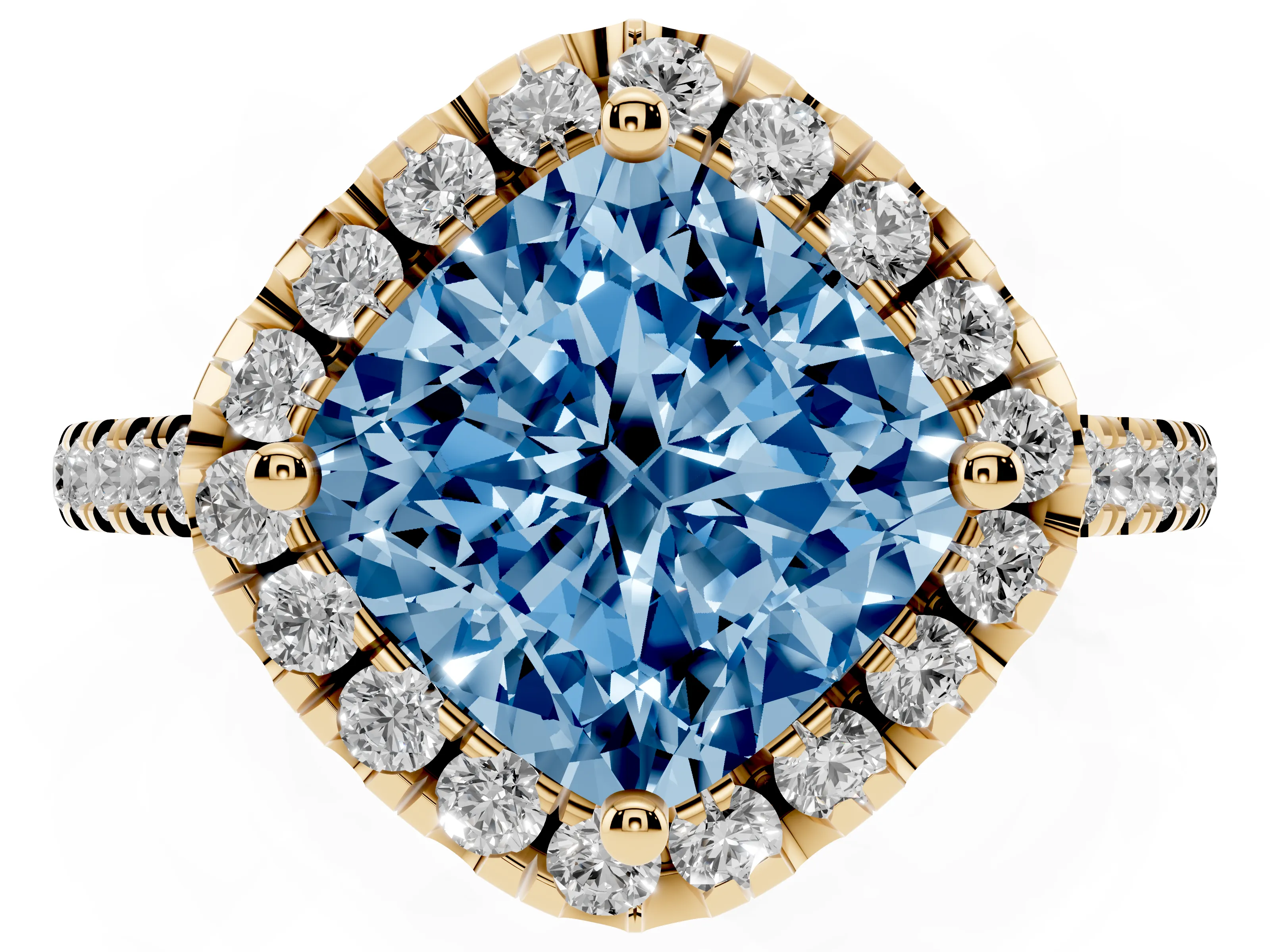 Fancy Blue Cushion Cut Diamond Cushion Halo Ring Set in Yellow gold with Pavé Band