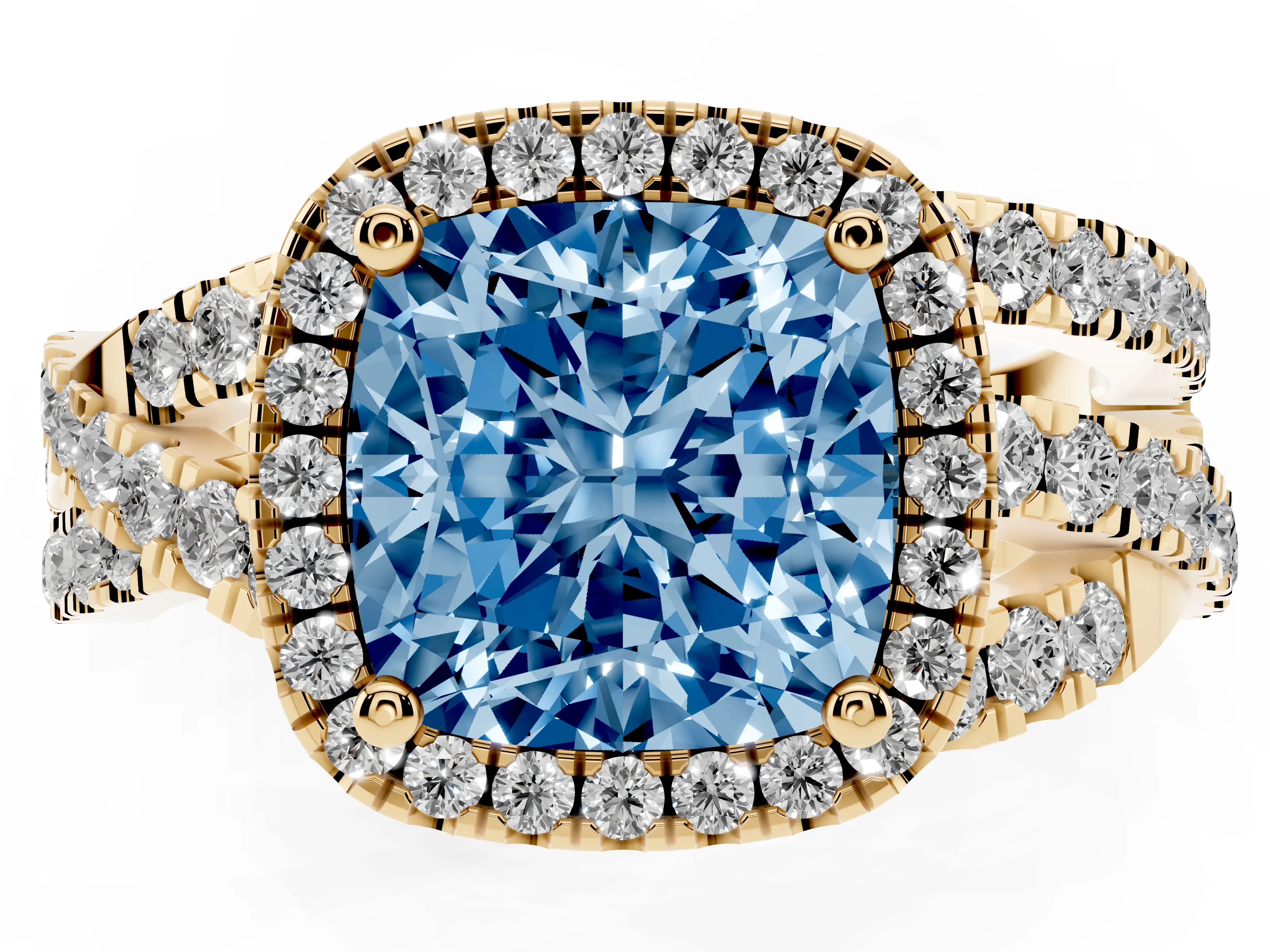 Fancy Blue Cushion Cut Diamond Halo Ring Set in Yellow gold with Round Crossover Split Shank and Prong Setting