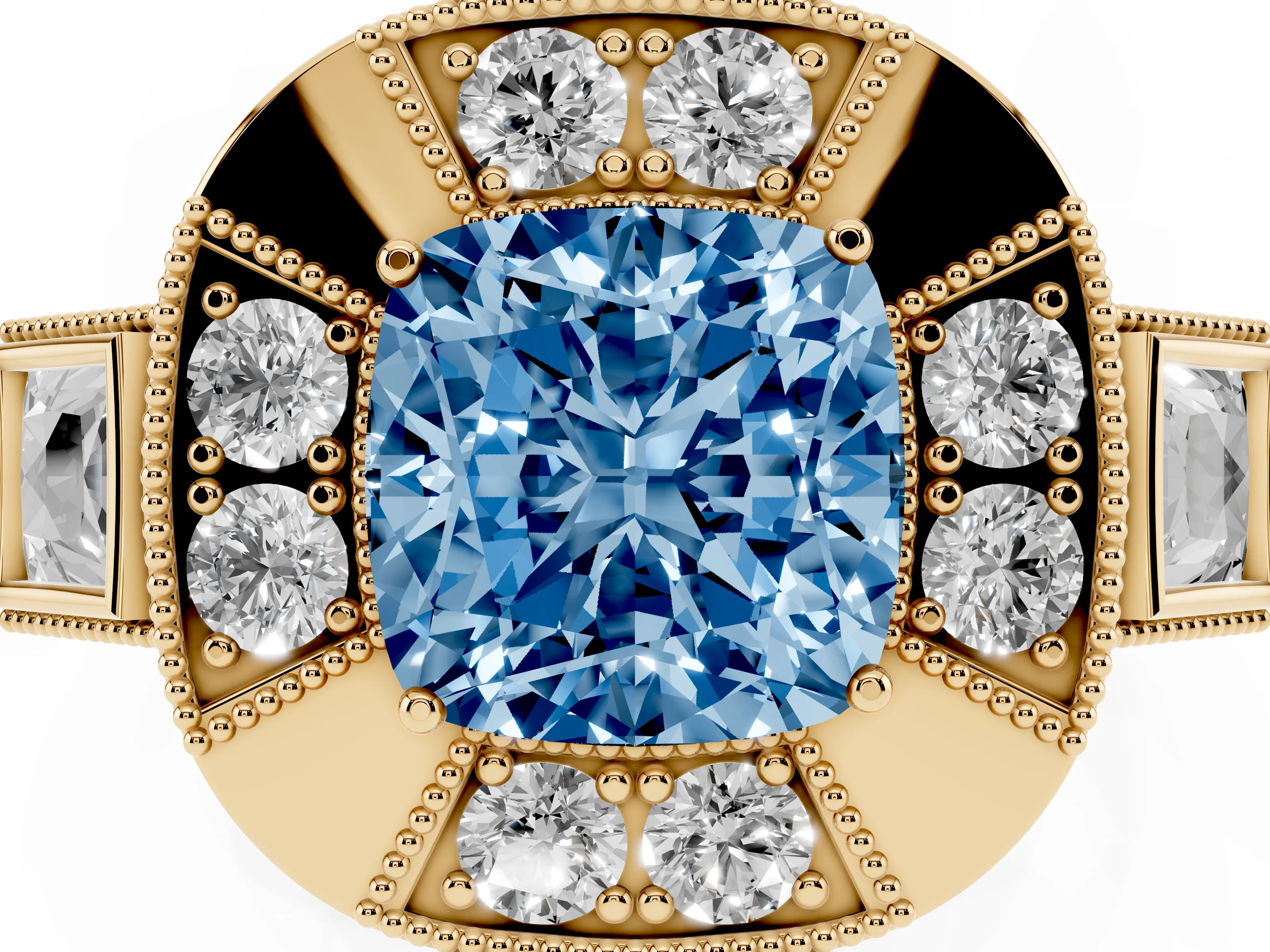 Fancy Blue Cushion Cut Diamond Milgrain Halo Ring Set in Yellow gold with Split Shank