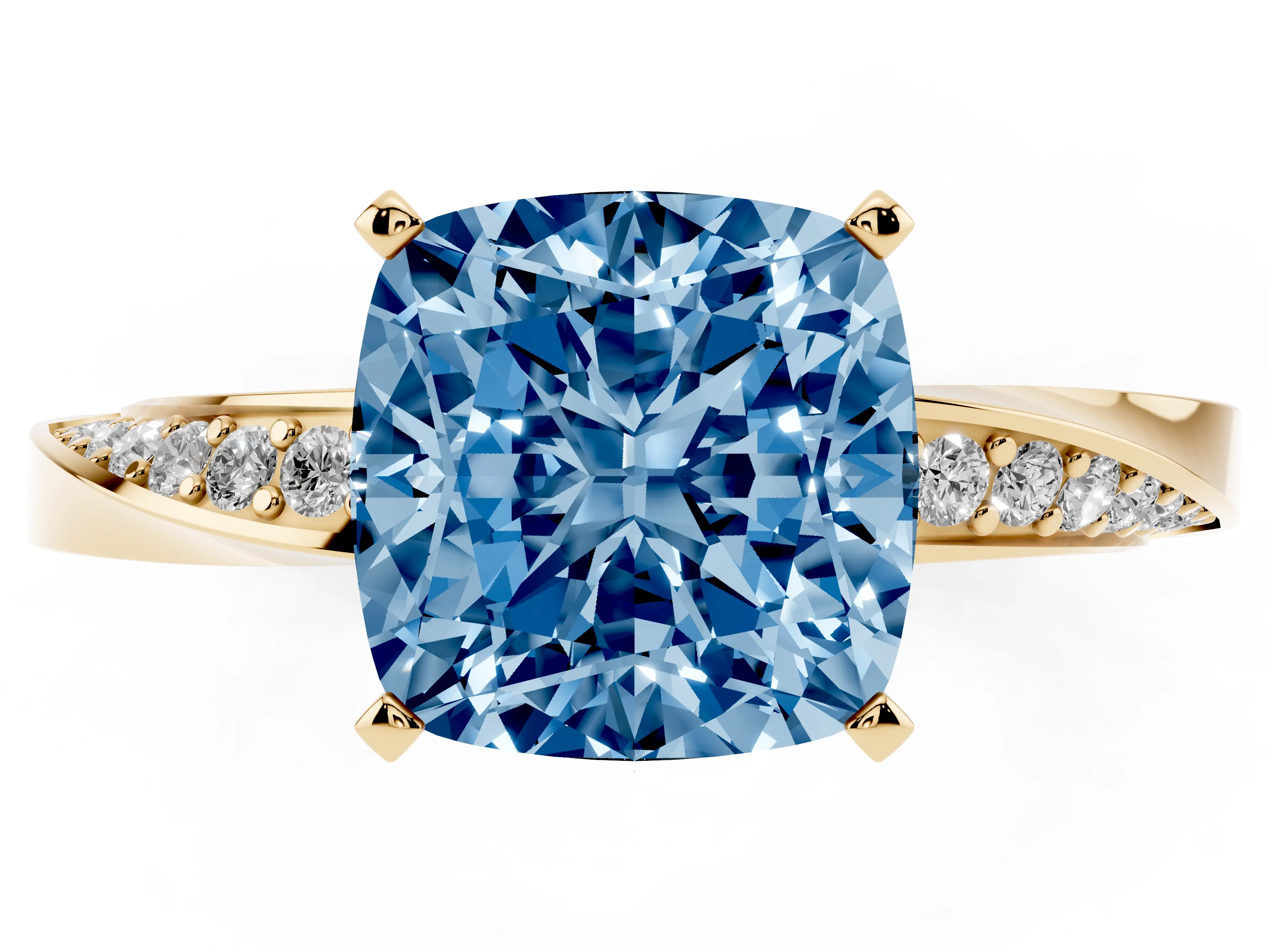 Fancy Blue Cushion Cut Diamond Engagement Ring Set in Yellow gold with Side Stone Accents and Prong Setting