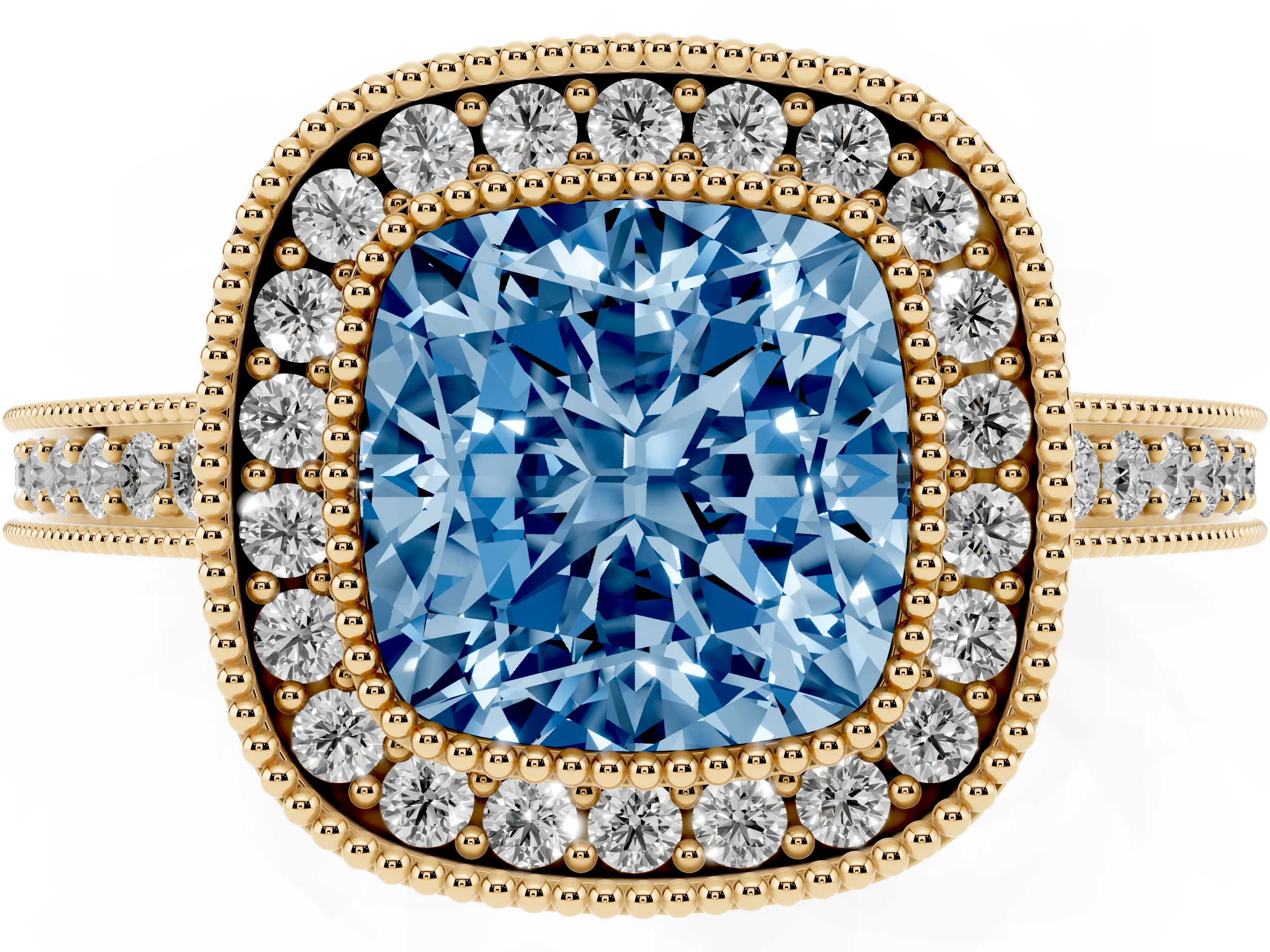 Fancy Blue Cushion Cut Diamond Round Halo Ring Set in Yellow gold with Pavé Band