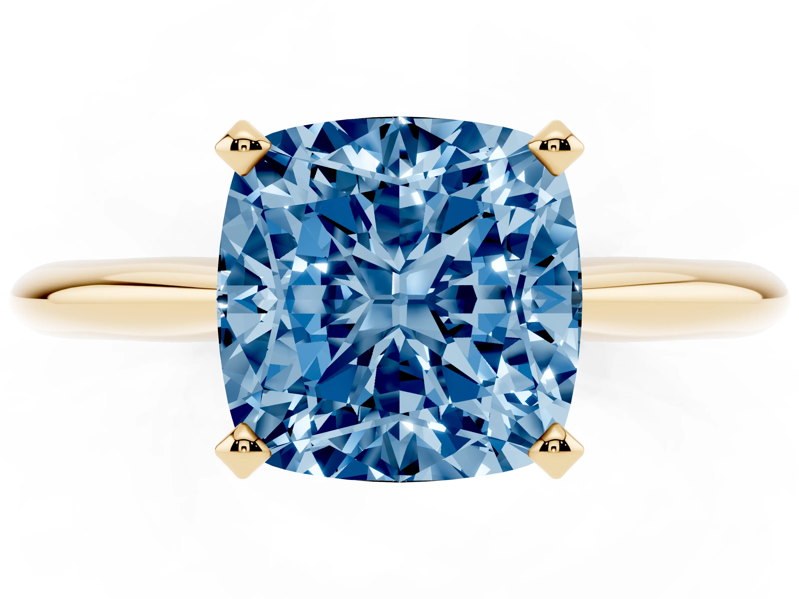 Fancy Blue Cushion Cut Diamond Solitaire Ring Set in Yellow gold with Prong Setting on a Plain Round Band