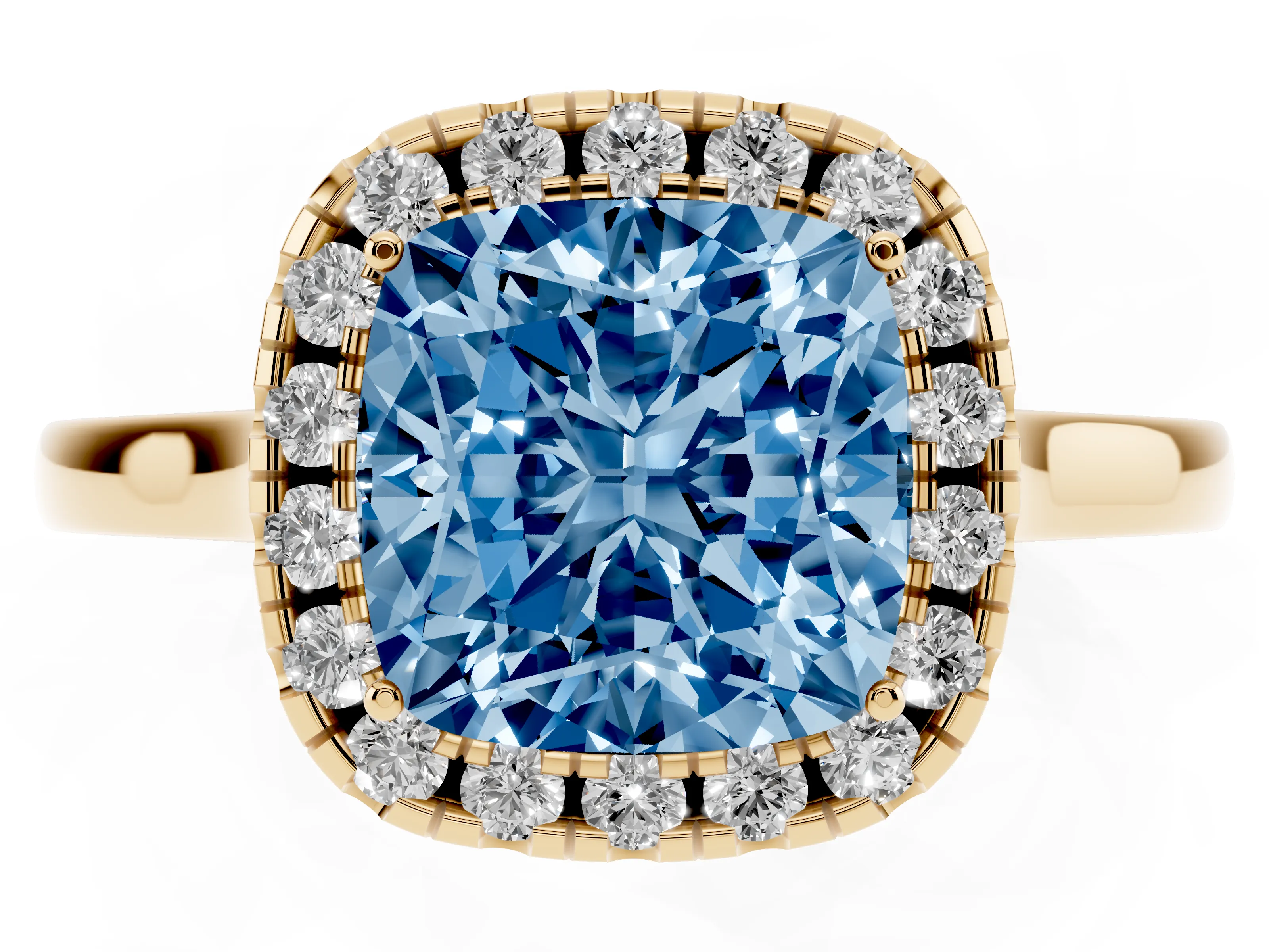 Fancy Blue Cushion Cut Halo Round Diamond Solitaire Ring Set in Yellow gold with Pavé Band and Prong Setting