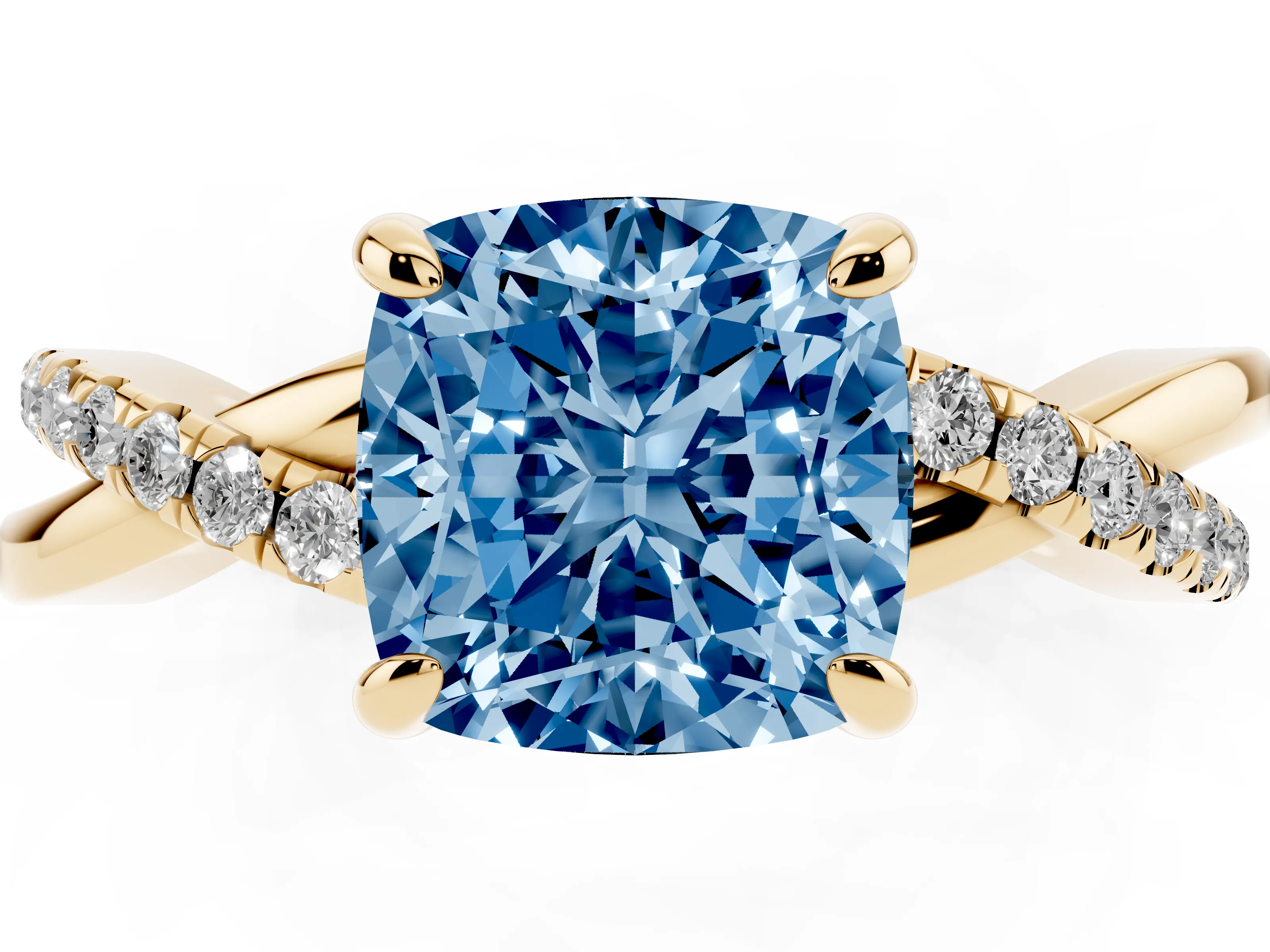 Fancy Blue Cushion Cut Diamond Twist Band Pavé Solitaire Ring Set in Yellow gold with Prong Setting