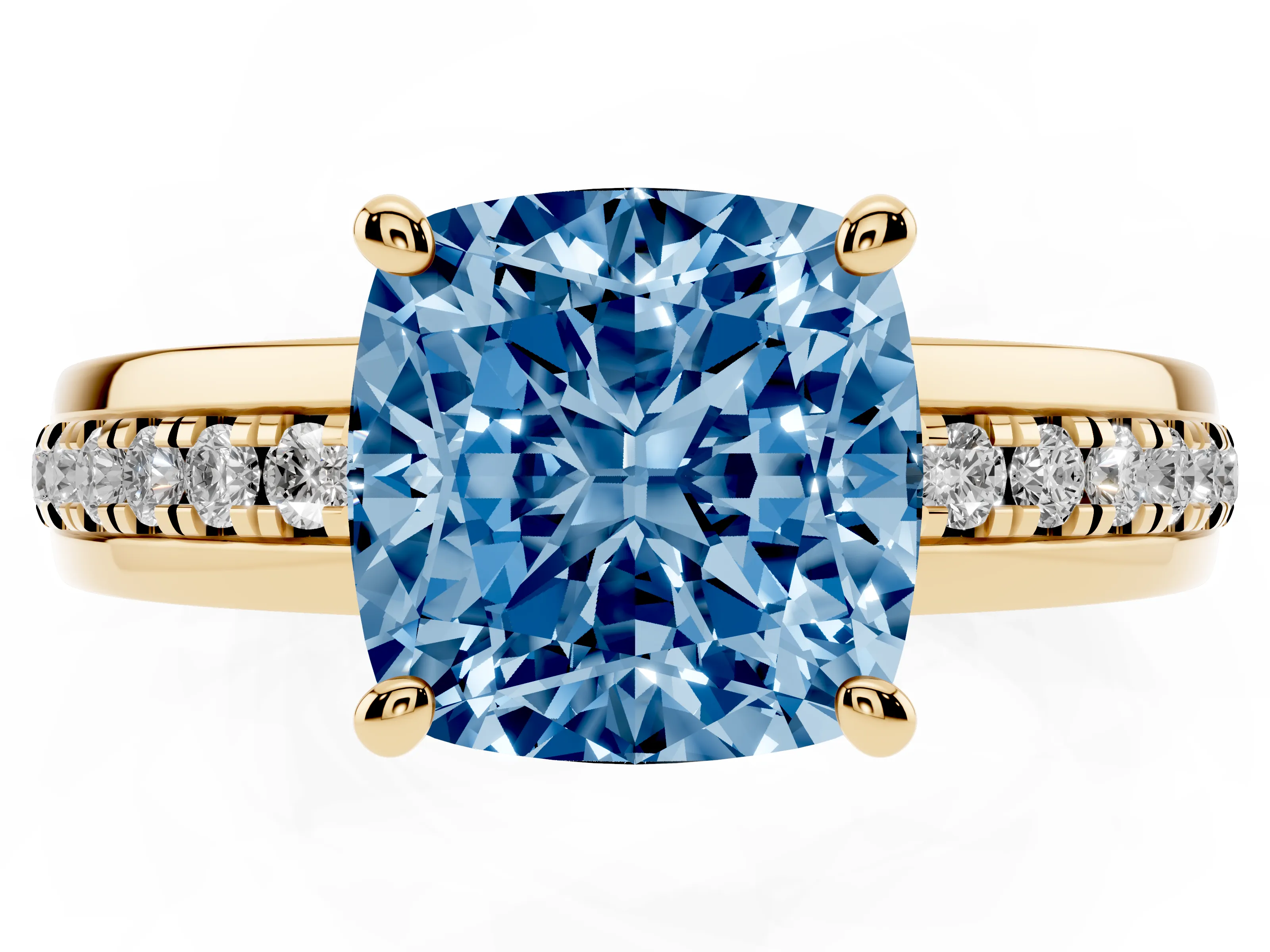 Fancy Blue Cushion Cut Diamond Solitaire Ring Set in Yellow gold with Channel Set Band and Prong Setting