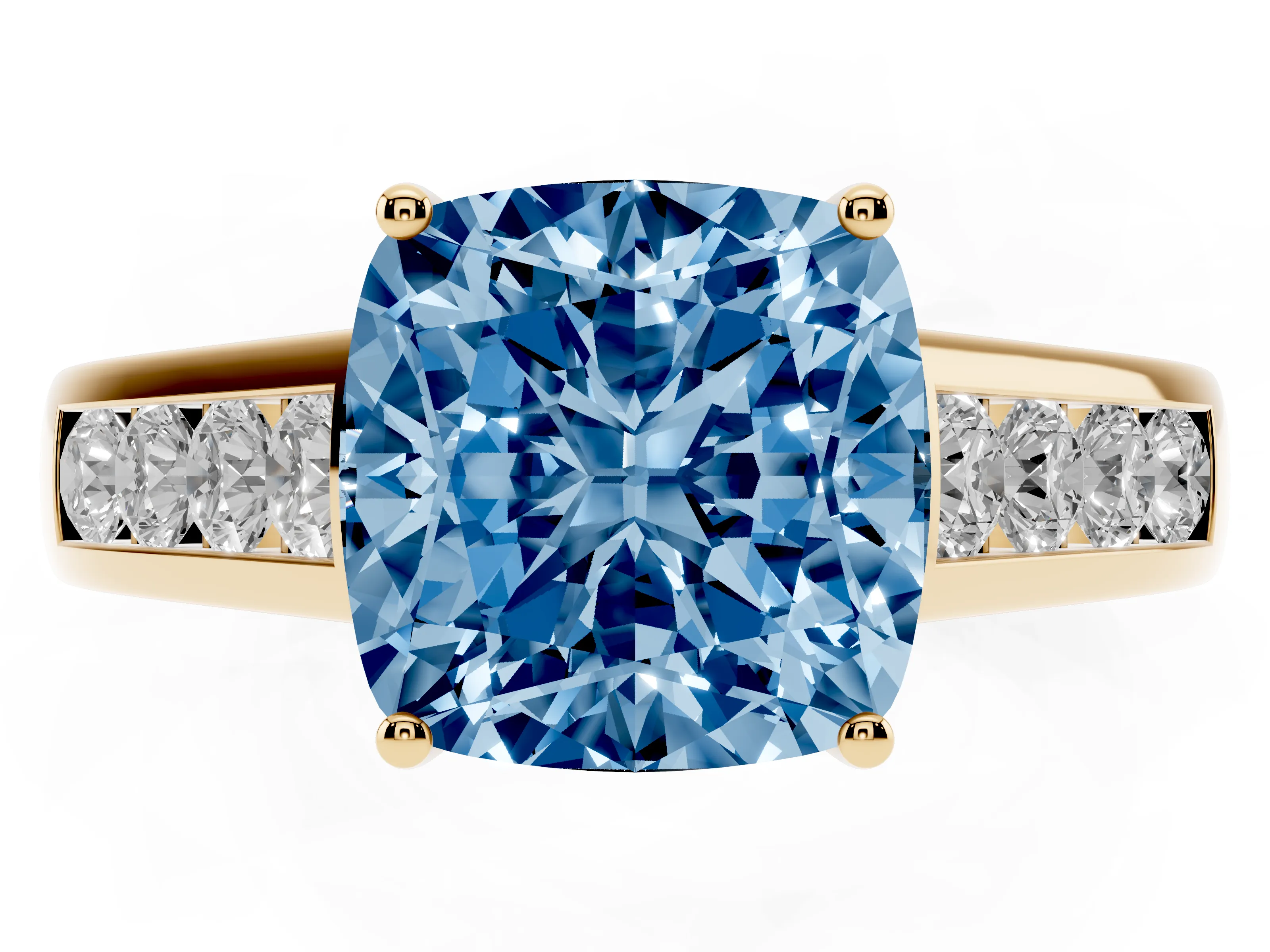Fancy Blue Cushion Cut Diamond Brilliant Channel-Set Solitaire Ring Set in Yellow gold with Prong Setting
