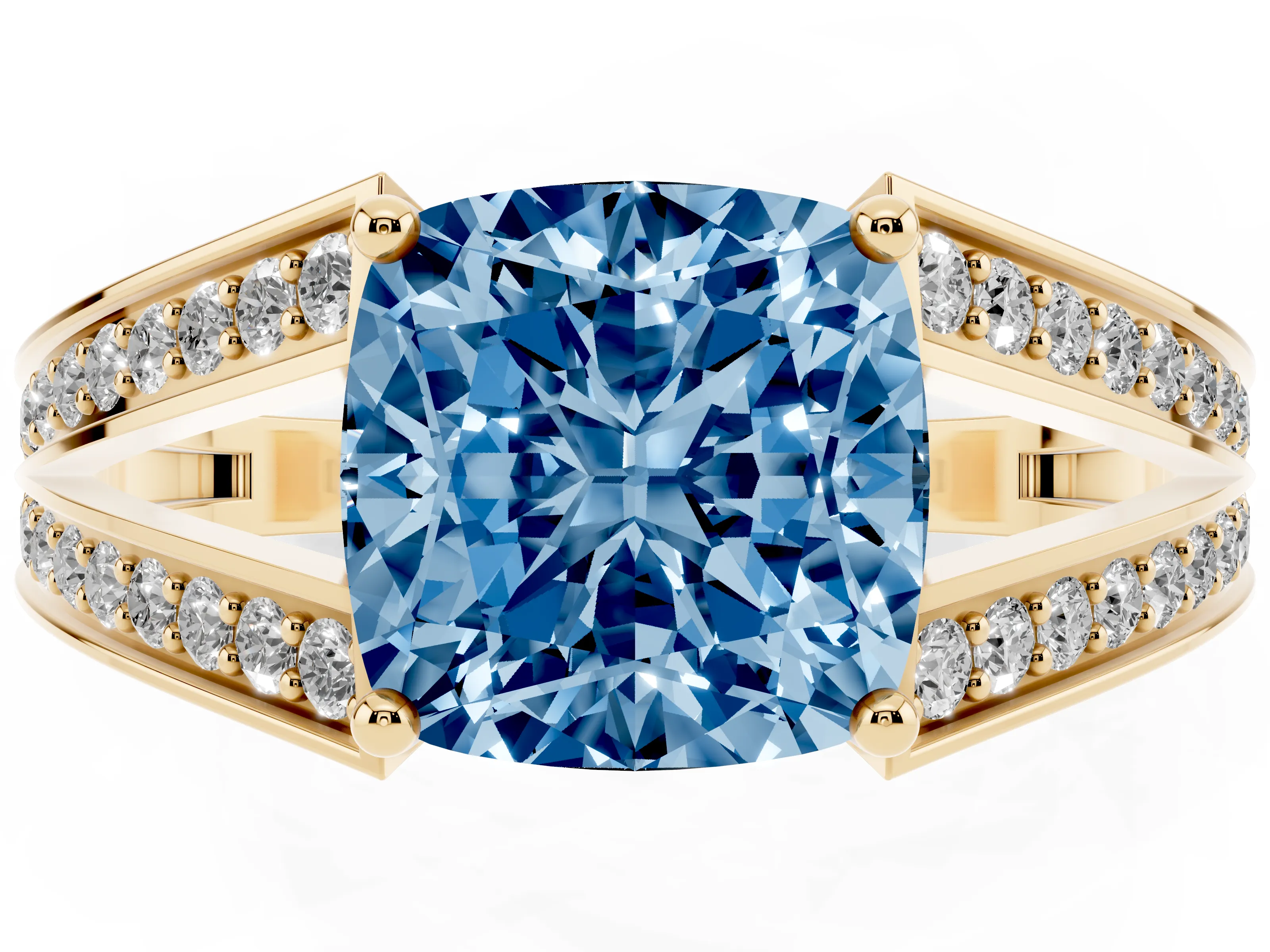 Fancy Blue Cushion Cut Diamond Split Shank Ring Set in Yellow gold with Pavé Band and Prong Setting