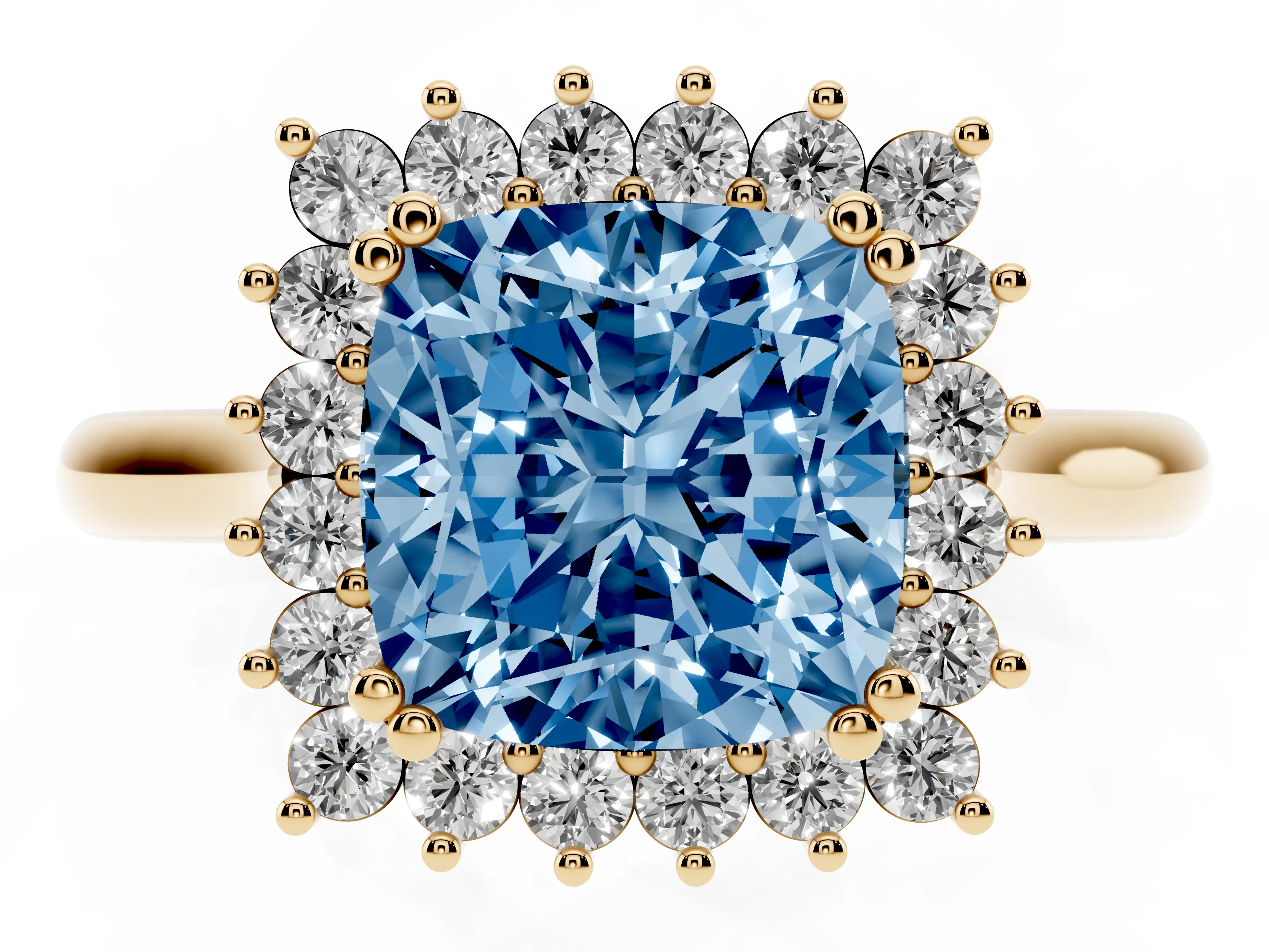 Fancy Blue Cushion Cut Diamond Halo Ring Set in Yellow gold with Plain Solitaire Band and Prong Setting