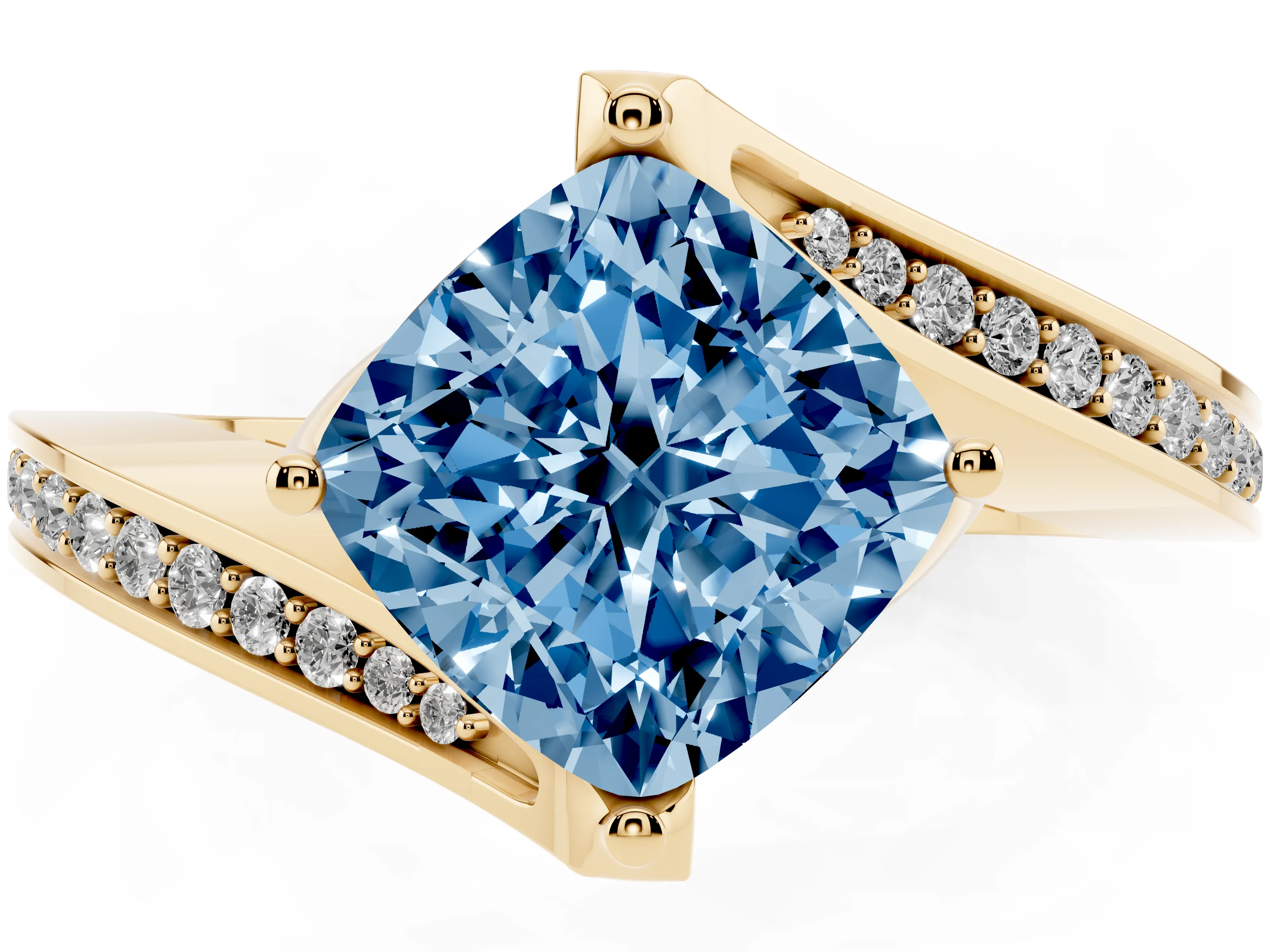 Fancy Blue Cushion Cut Diamond Solitaire Ring Set in Yellow gold with Intertwined Pavé Twist Band