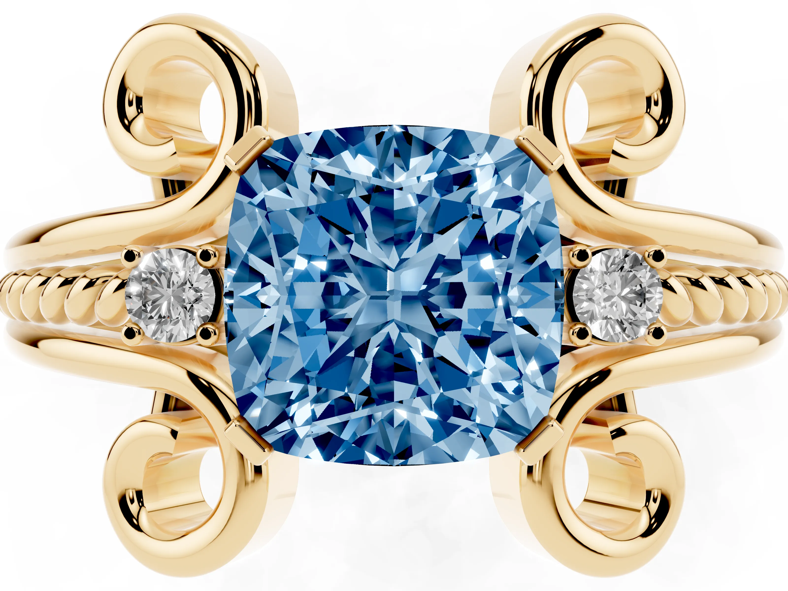 Fancy Blue Cushion Cut Diamond Twisted Band Solitaire Ring Set in Yellow gold with Scroll Prongs