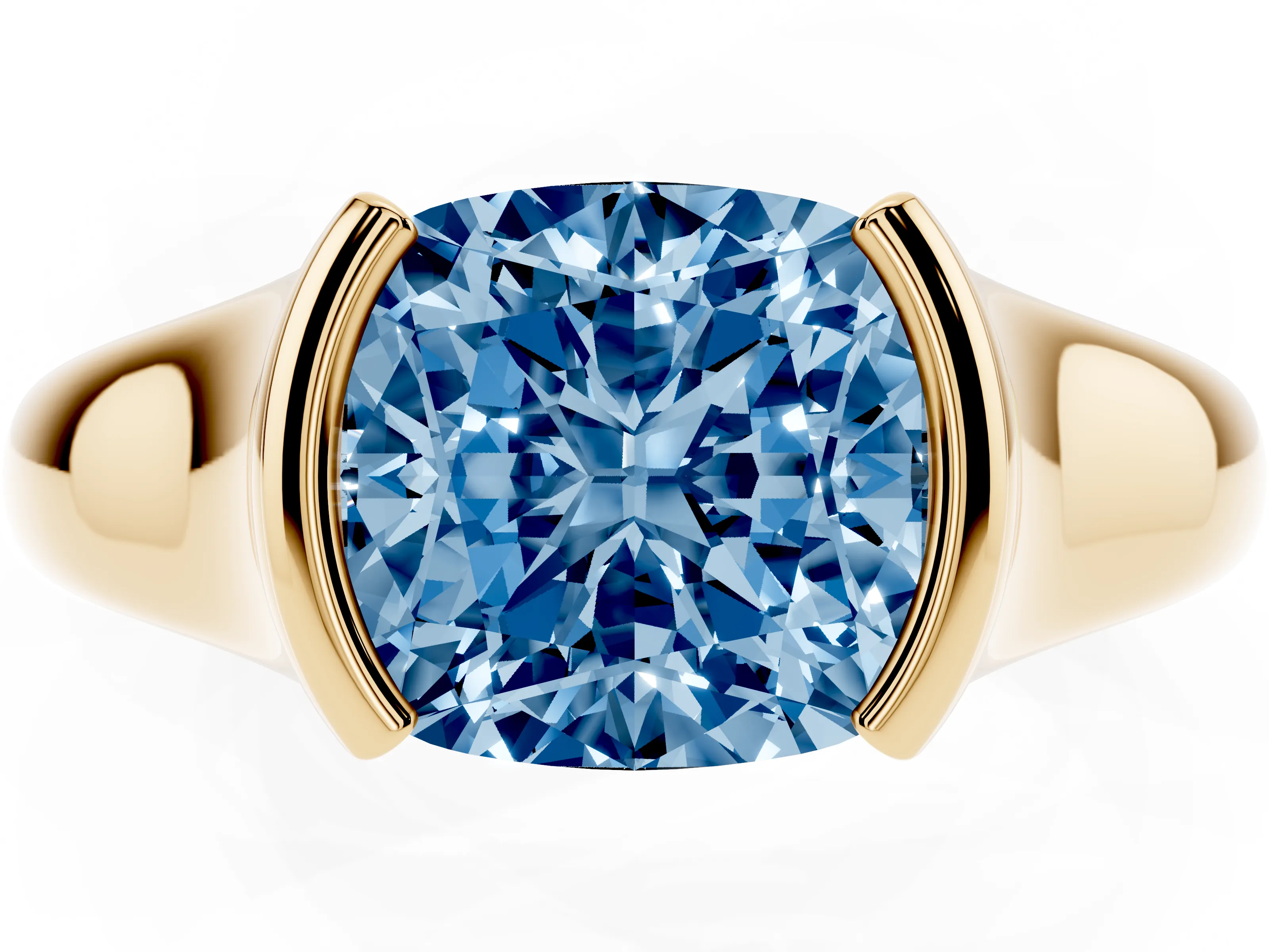 Fancy Blue Cushion Cut Diamond Solitaire Tension Set Ring Set in Yellow gold with Split Shank Band