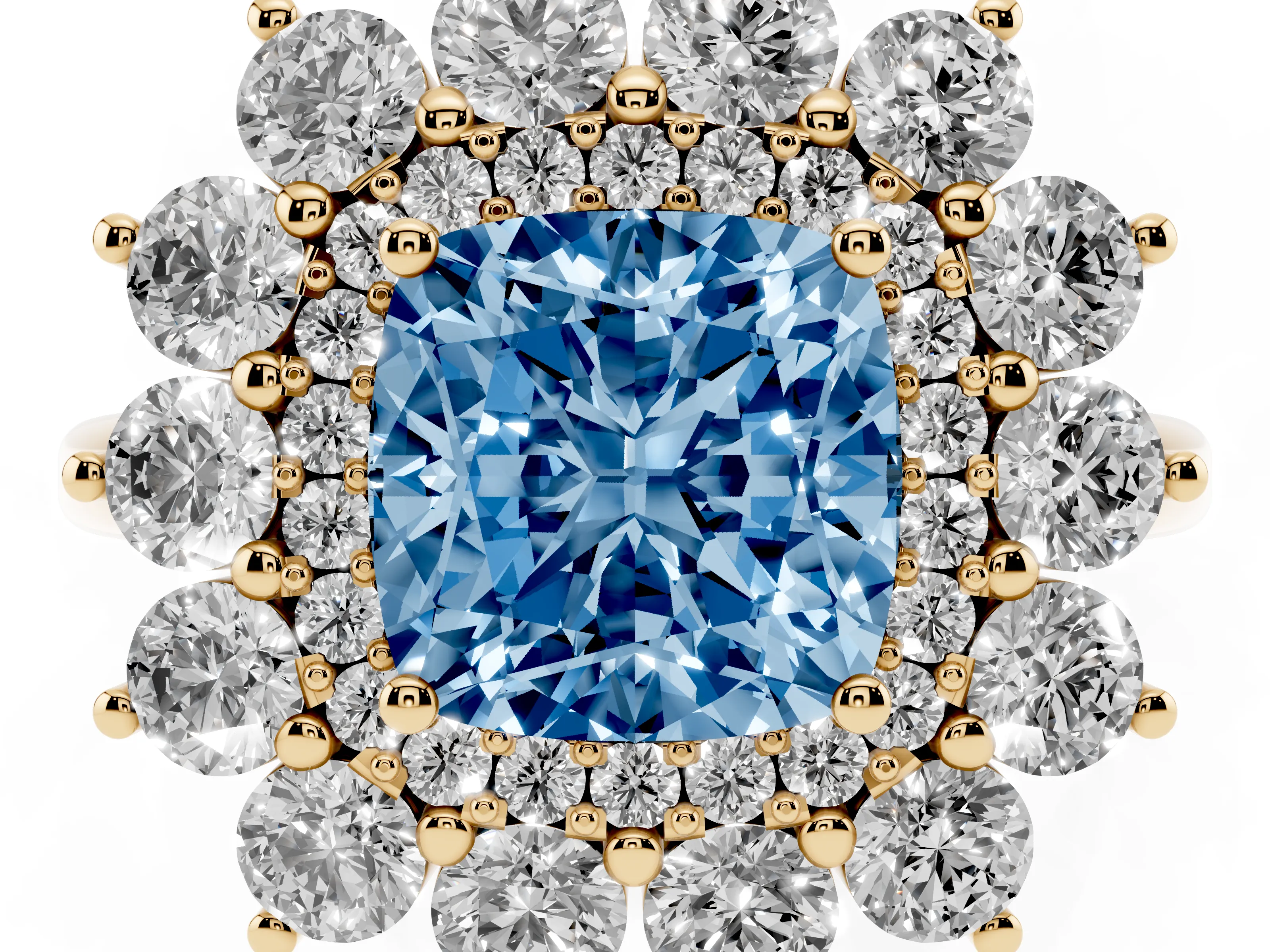 Fancy Blue Cushion Cut Diamond Floral Double Halo Ring Set in Yellow gold with Round Petals