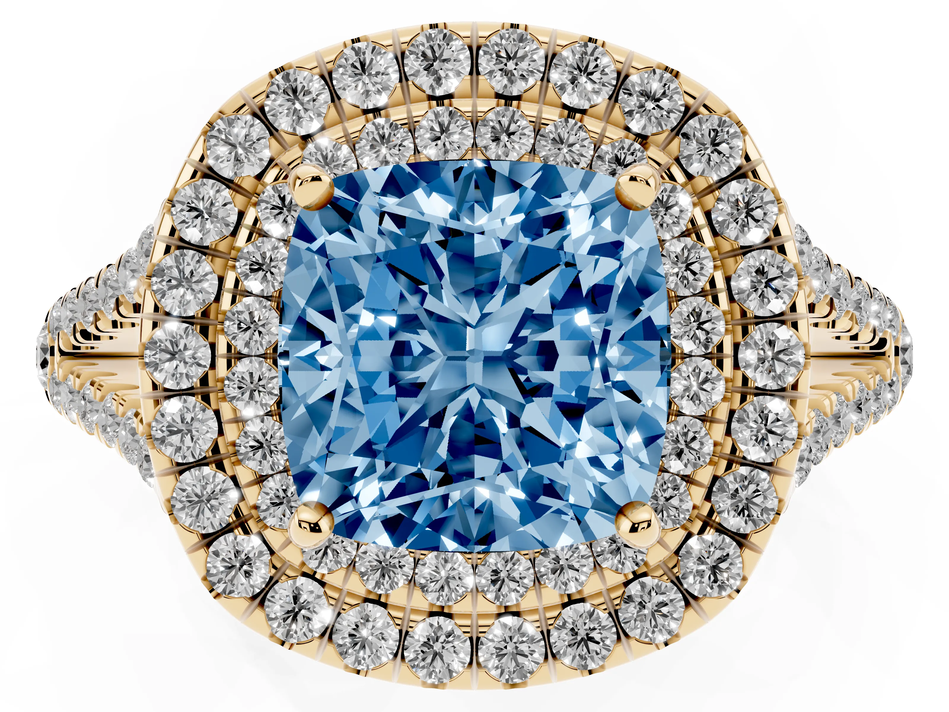 Fancy Blue Cushion Cut Diamond Double Halo Ring Set in Yellow gold with Pavé Band