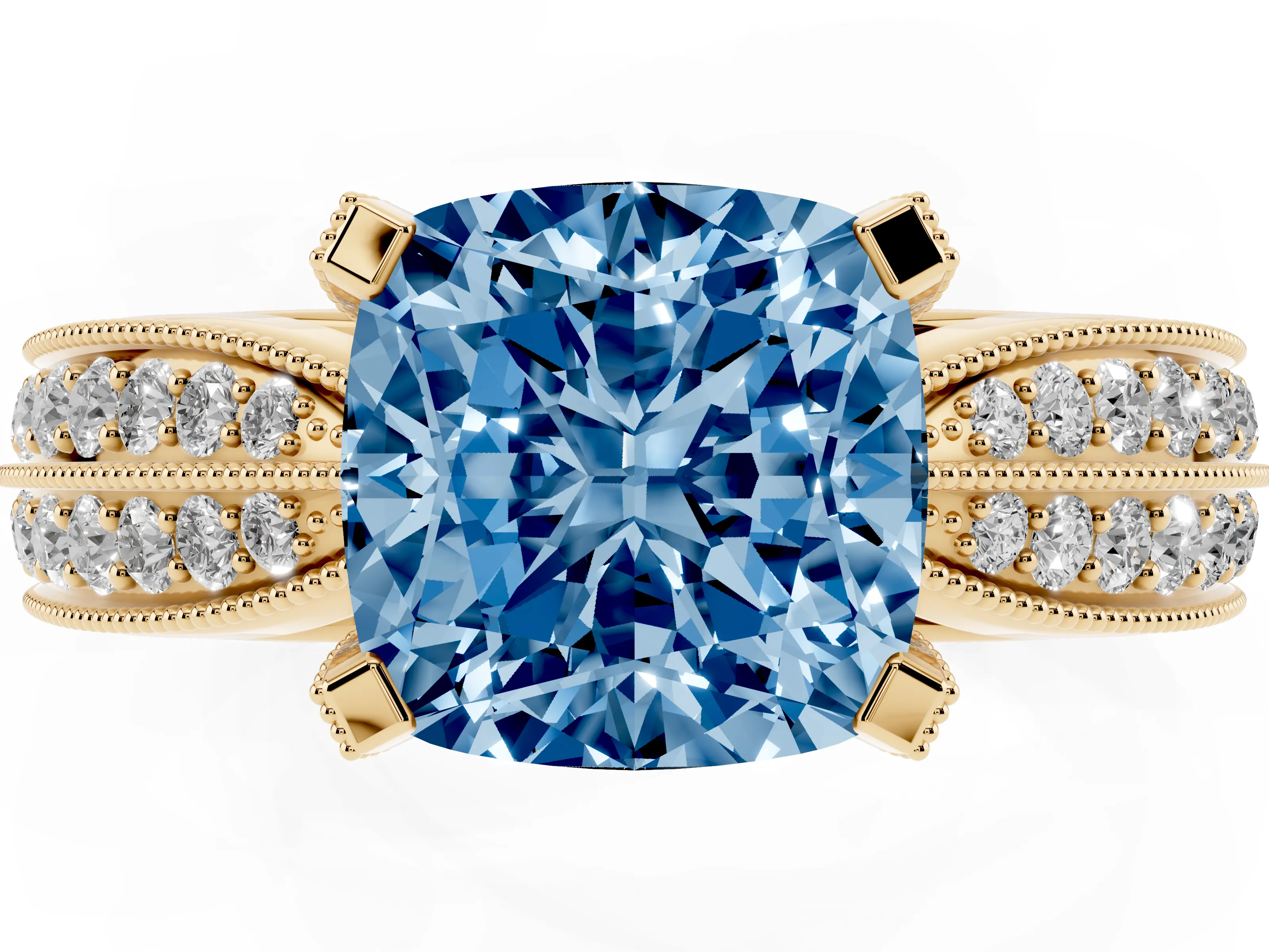 Fancy Blue Cushion Cut Diamond Solitaire Ring Set in Yellow gold with Milgrain Double Row Round Pavé Band