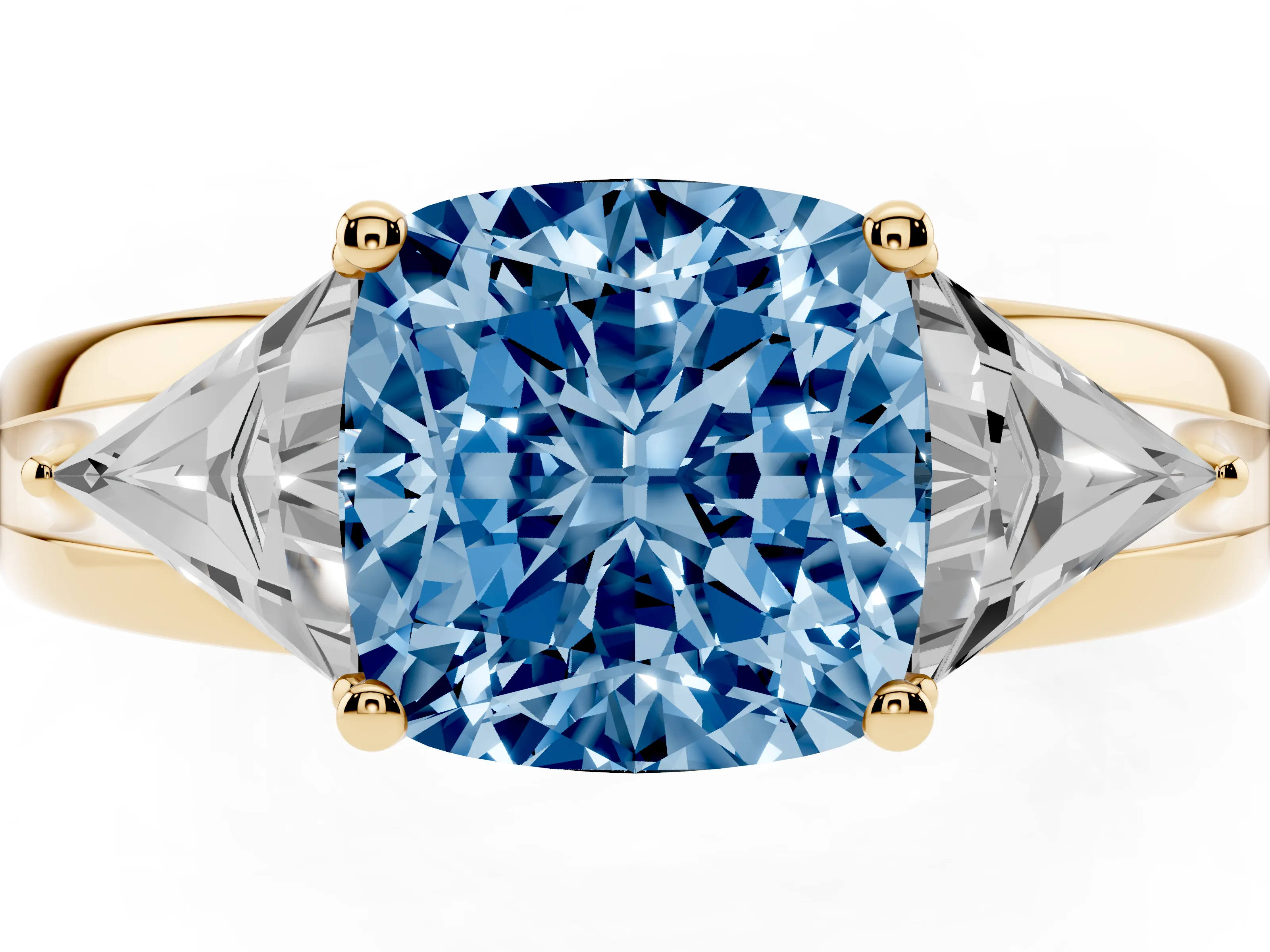 Fancy Blue Cushion Cut Diamond Three-Stone Ring Set in Yellow gold with Trillion Side Stones and Split Shank