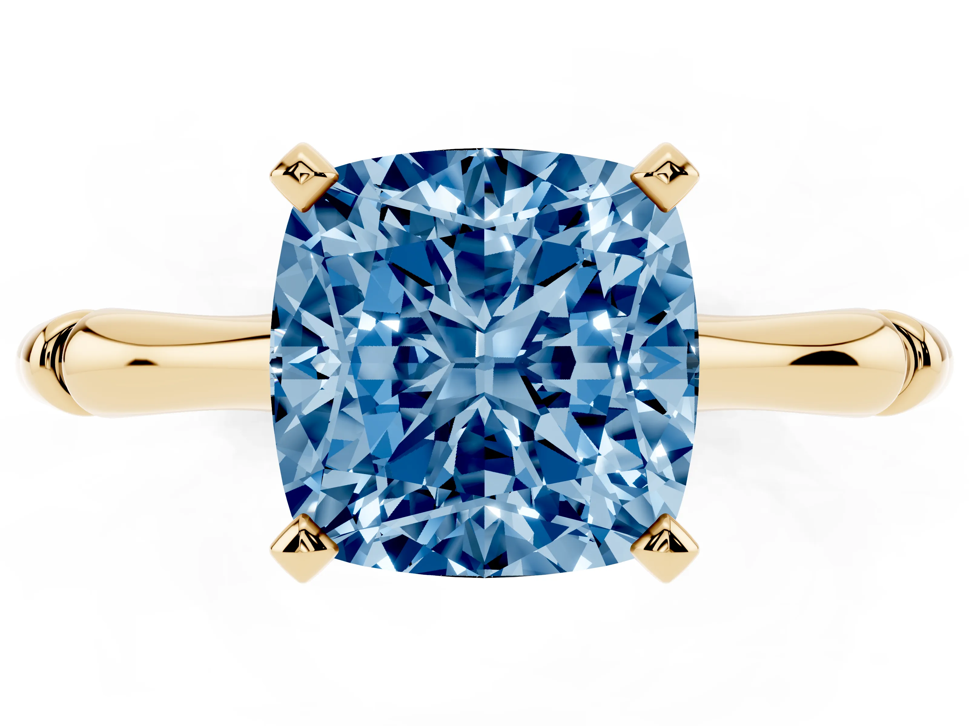 Fancy Blue Cushion Cut Diamond Solitaire Ring Set in Yellow gold with Bamboo Band and Prong Setting